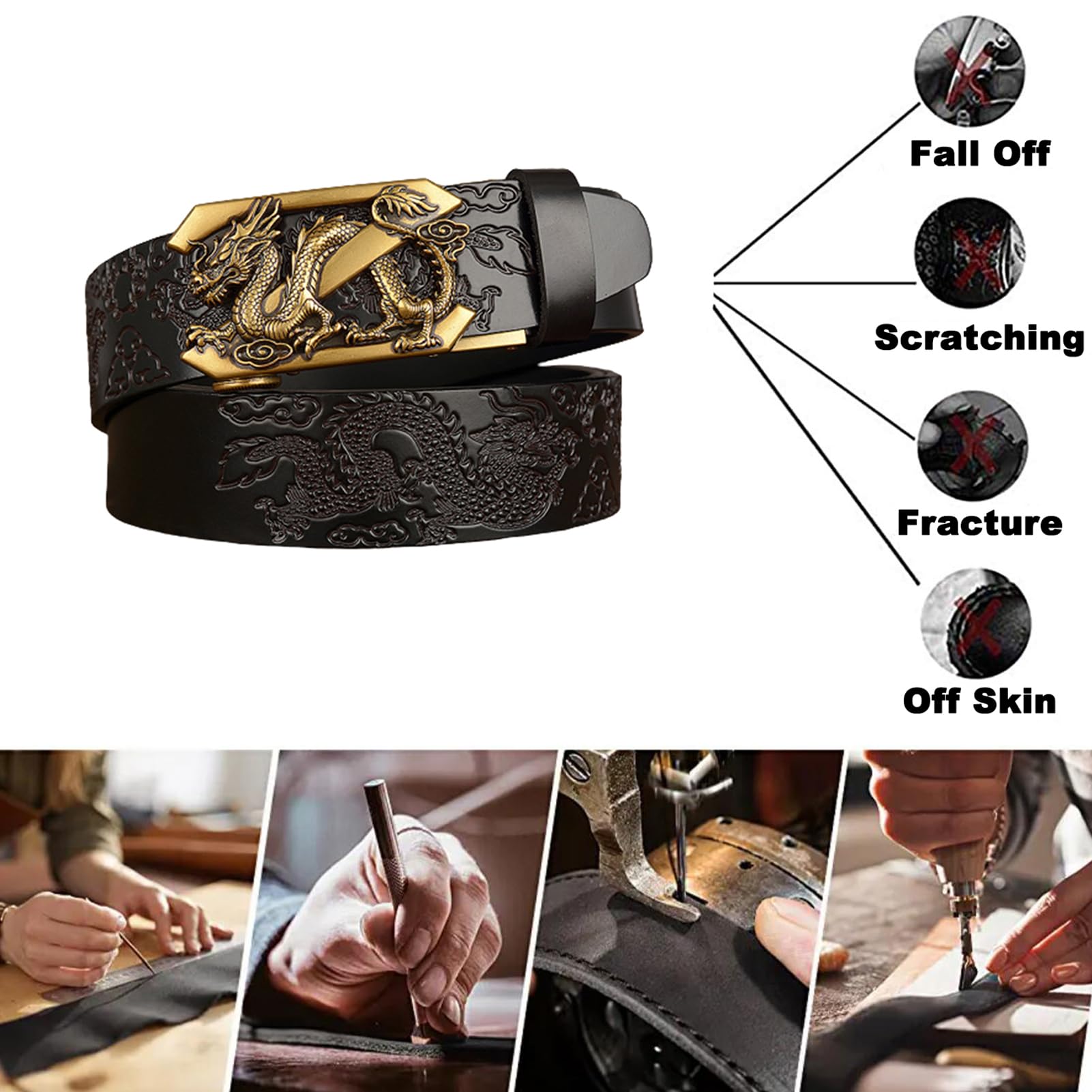 Cinturón Deslizante Con Trinquete - Dragón Dorado En Relieve, Hebilla Automática, Correa De Cuero Ajustable, Estilo Moderno