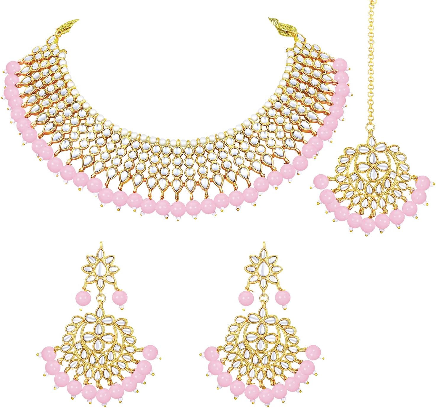 Aheli Indian Blue Color Beaded Necklace Dangle Earrings Maang Tikka Indian Bollywood Style Fashion Ethnic Bharatanatyam jewellery set Gift for Women - Image 3