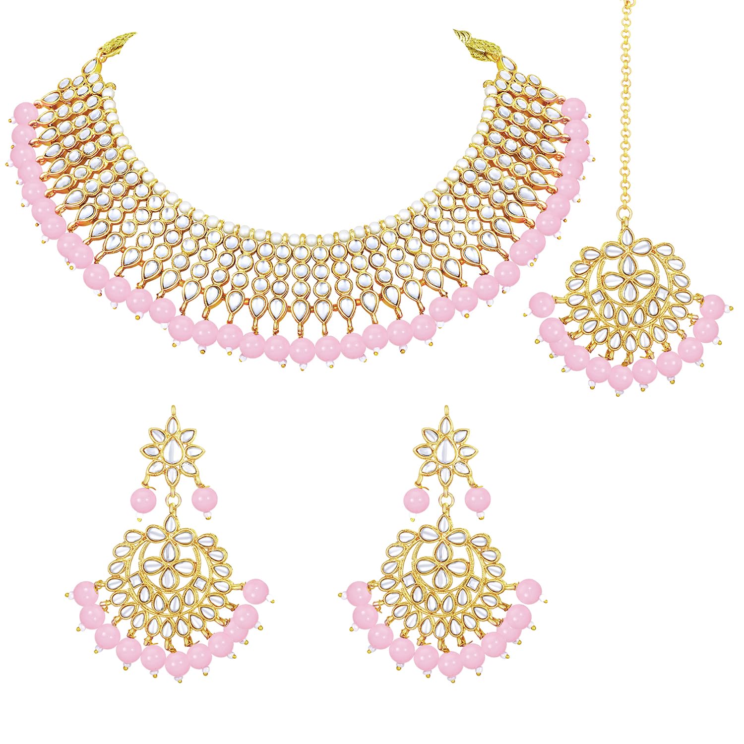 Peora 18K Gold Plated Traditional Kundan Pink Faux Pearl Choker Necklace with Earring Maang Tikka Jewellery Set for Women Girls (B07QJ12NL3) Amazon Price History, Amazon Price Tracker