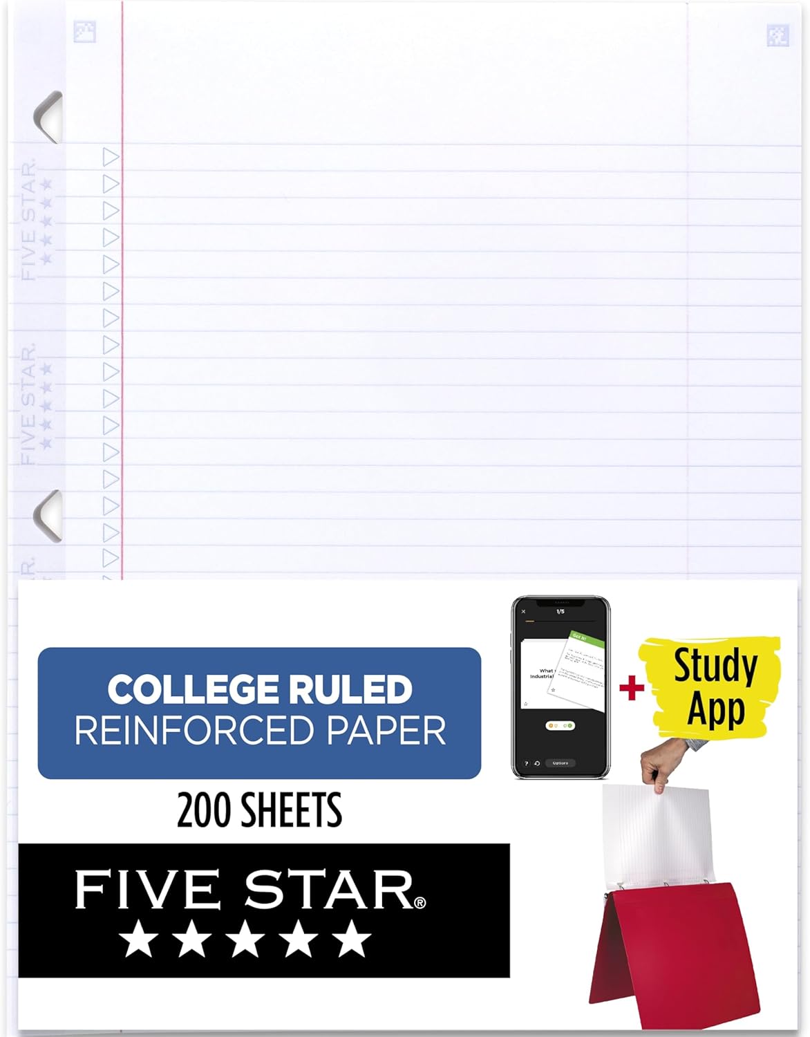 Five Star Loose Leaf Paper + Study App, College Ruled Filler Notebook Paper, Reinforced, Fights Ink Bleed, 8-1/2″ x 11″, 200 Sheets (170054-ECM)