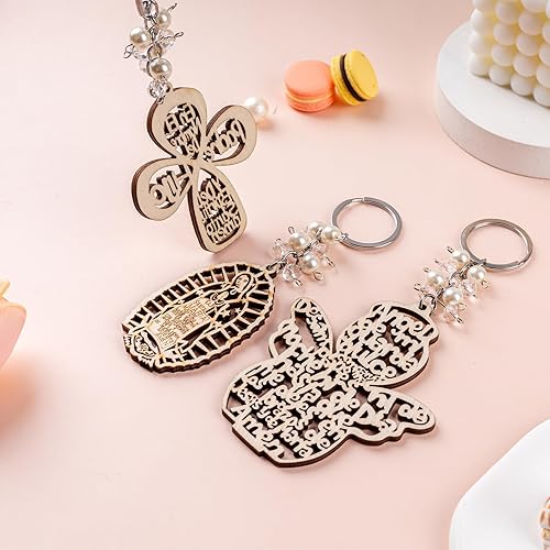 Miniatura 7 de KaGrbves 240 llaveros de bautizo para bautizo, recuerdos de bautizo para cruz, llavero de madera con bolsas de regalo de organza, elegantes