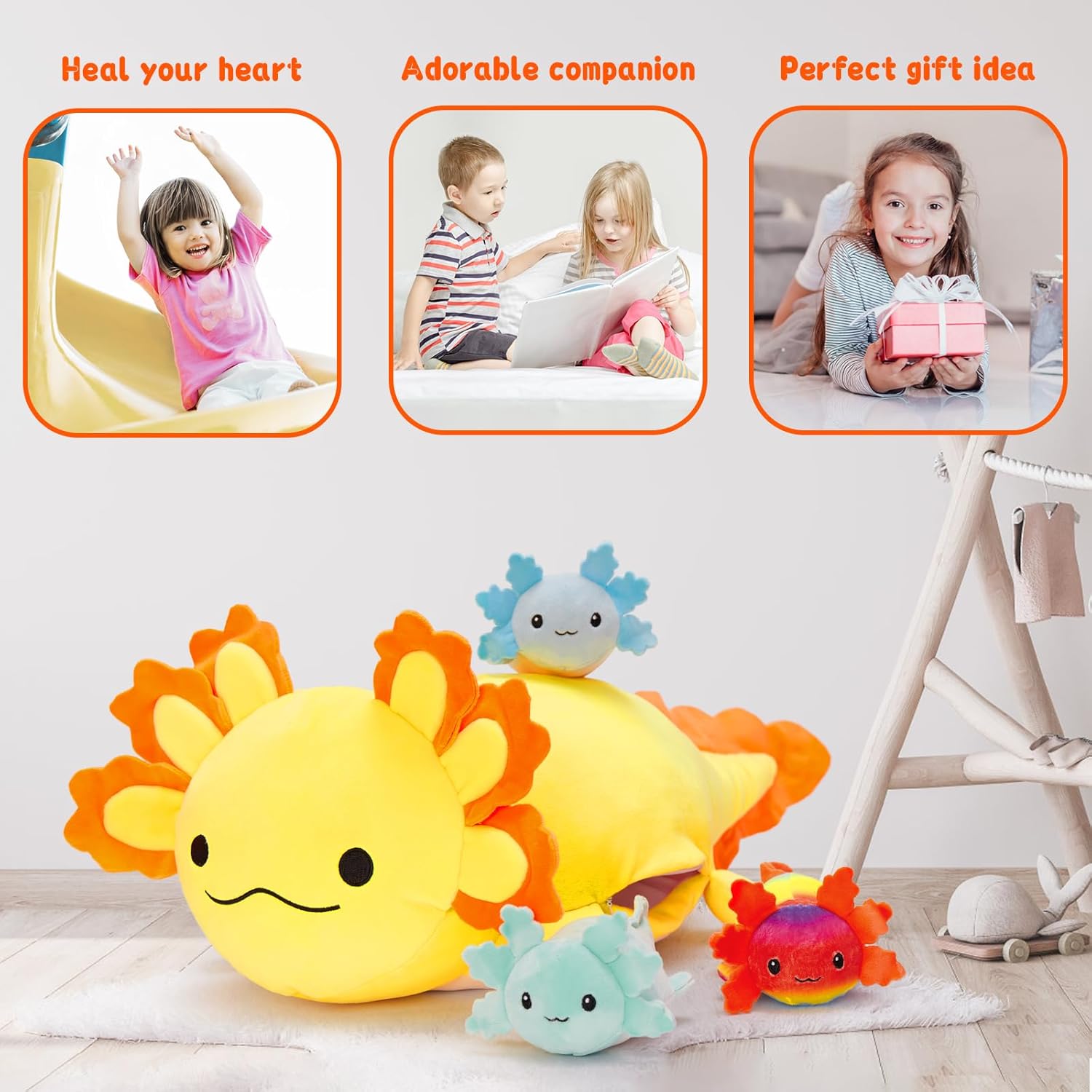 MaoGoLan 4Pcs Giant Axolotl Plush with 3 Babies Inside-23.5 Large Ultra Soft Axolotl Stuffed Animals Throw Pillow-Squishy Stuffed Axolotl Plush Collection Gift for Axolotl Lover,Kids,Teens,Yellow