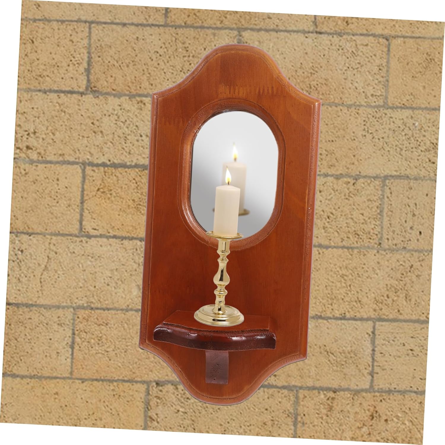 Solid Wood Candle Holder Wall Decor Mirror Rustic Shelving Bracket Living