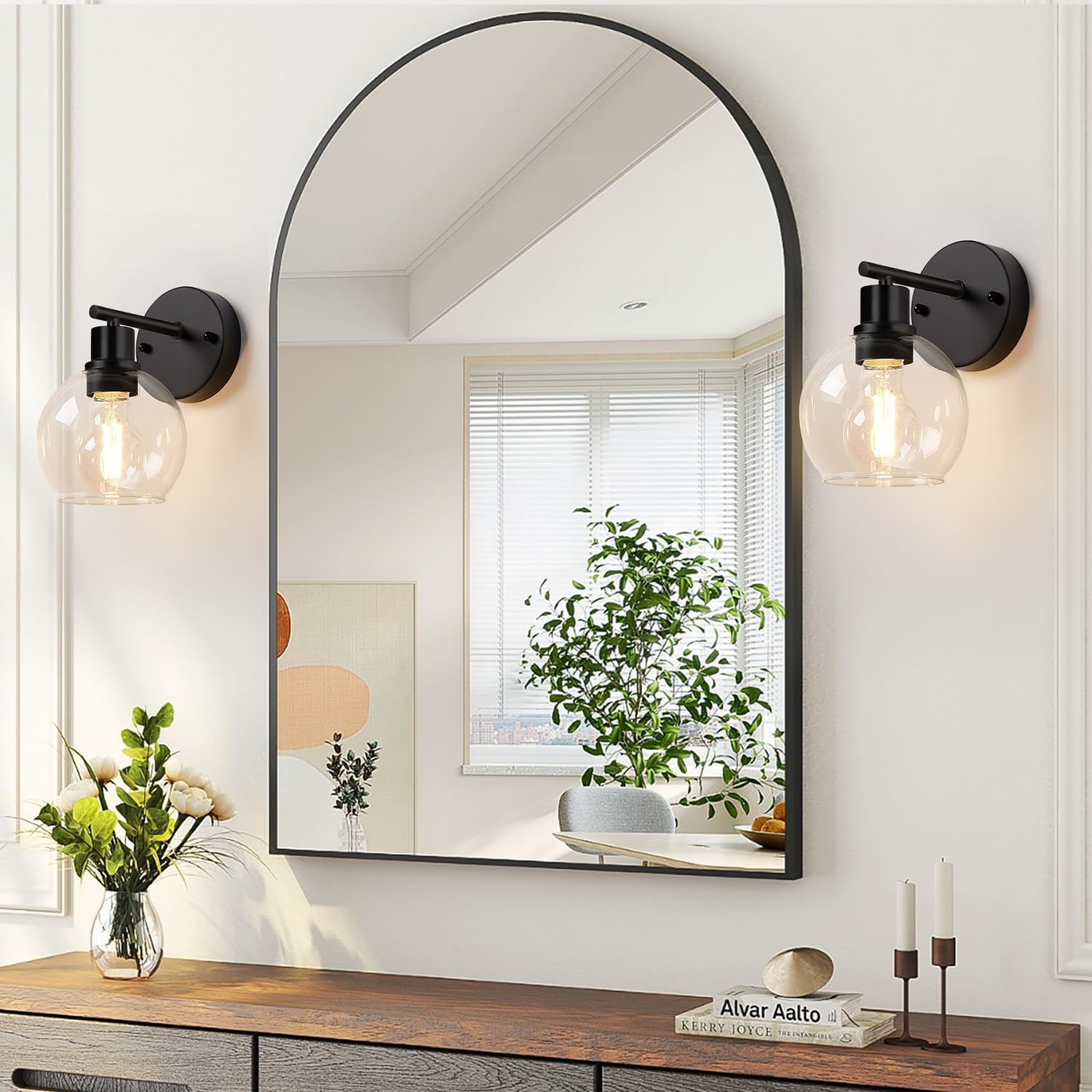 Indoi Matte Black Wall Sconces Set of 2, Clear Glass Vanity Light Fixtures with E26 Base, Reversible Up or Down Wall Lights for Living Room, Bathroom, Bedroom, Hallway, Kitchen