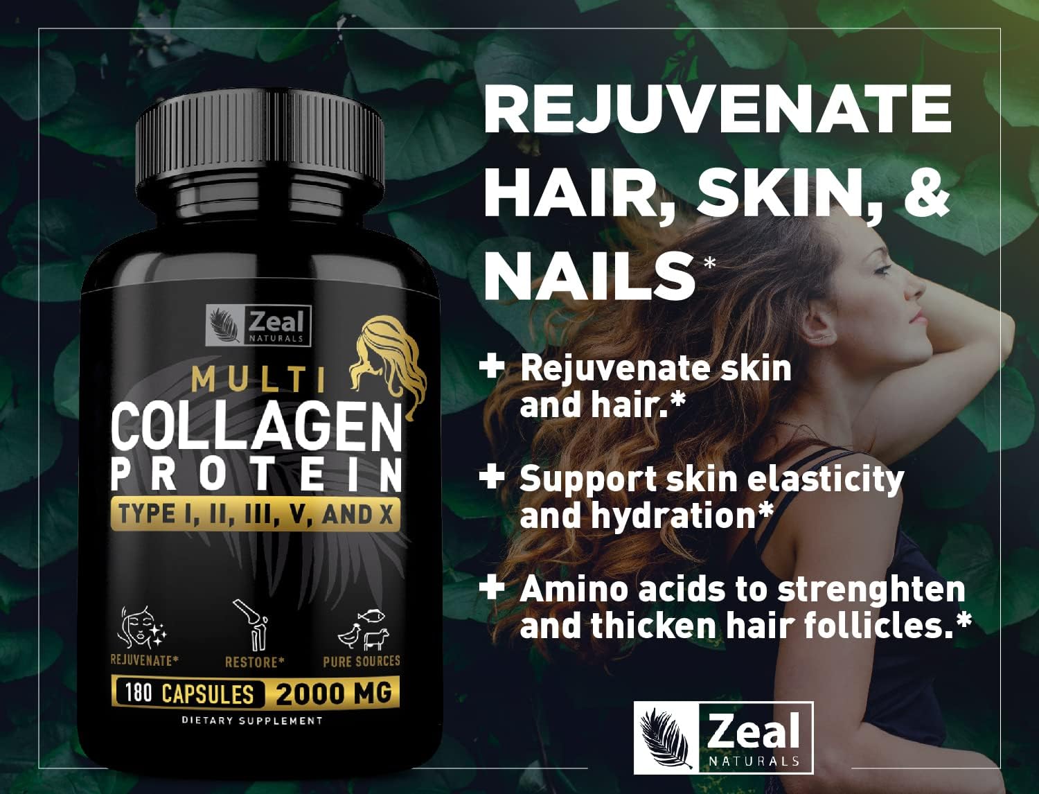 Multi Collagen Peptides Pills (Types Ⅰ,Ⅱ,Ⅲ,Ⅴ,Ⅹ) Grass Fed Collagen Pills (180 Capsules) - Hydrolysate Collagen Protein Blend for Hair, Skin, Nails, and Joint Support - Collagen Pills for Women - Image 2