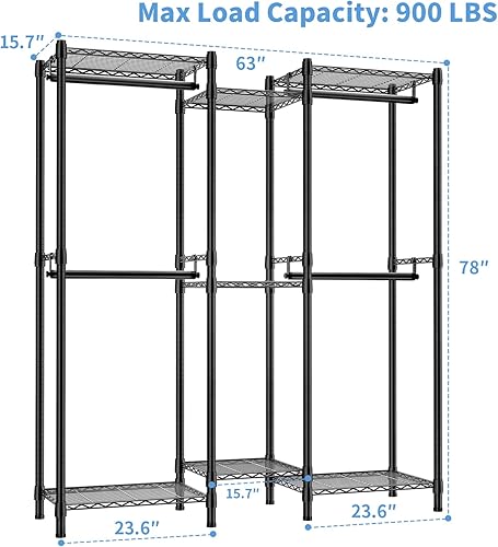 Miniatura 5 de K2 - Perchero de ropa resistente de 7 niveles, estante de ropa grande independiente para colgar ropa, armario portátil con 4 varillas para colgar,