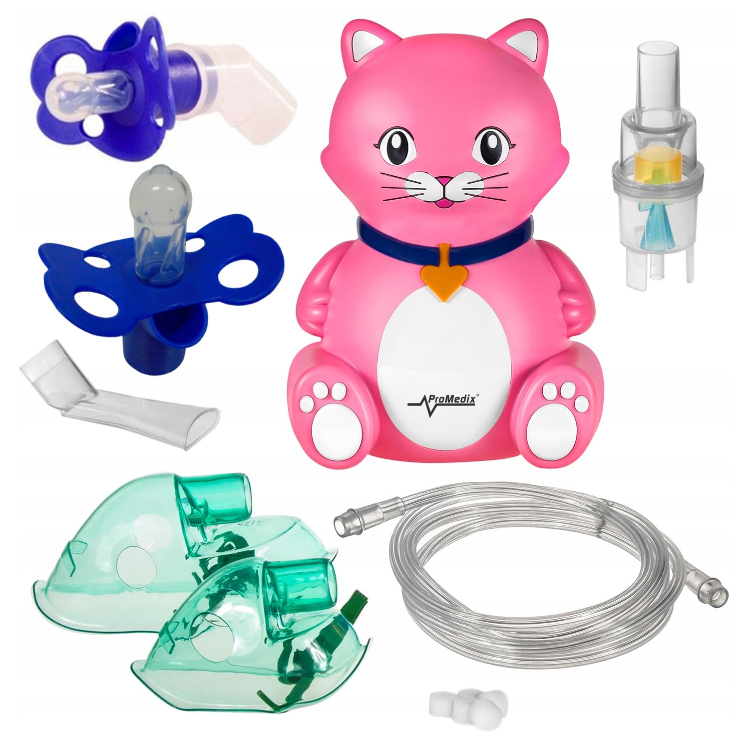 PR-816 Inalatore per bambini (gatto) filtri, maschere + ciuccio per bambini (Inalatore, maschere, filtri+ ciuccio)