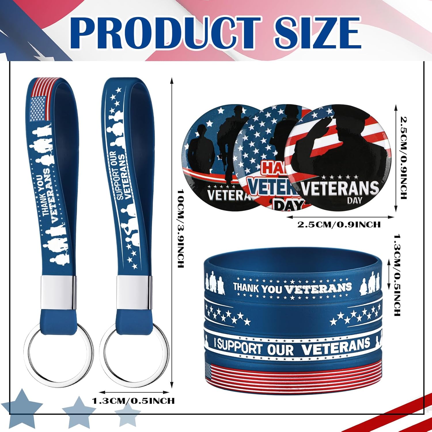 Sotiff 72 Pcs Veterans Day Gifts Bulk Includes Veterans Bracelets Keychain Button Pins for Army Accessories Party Favors Gifts Thank You for Your Service USA Military Patriotic Party Supplies