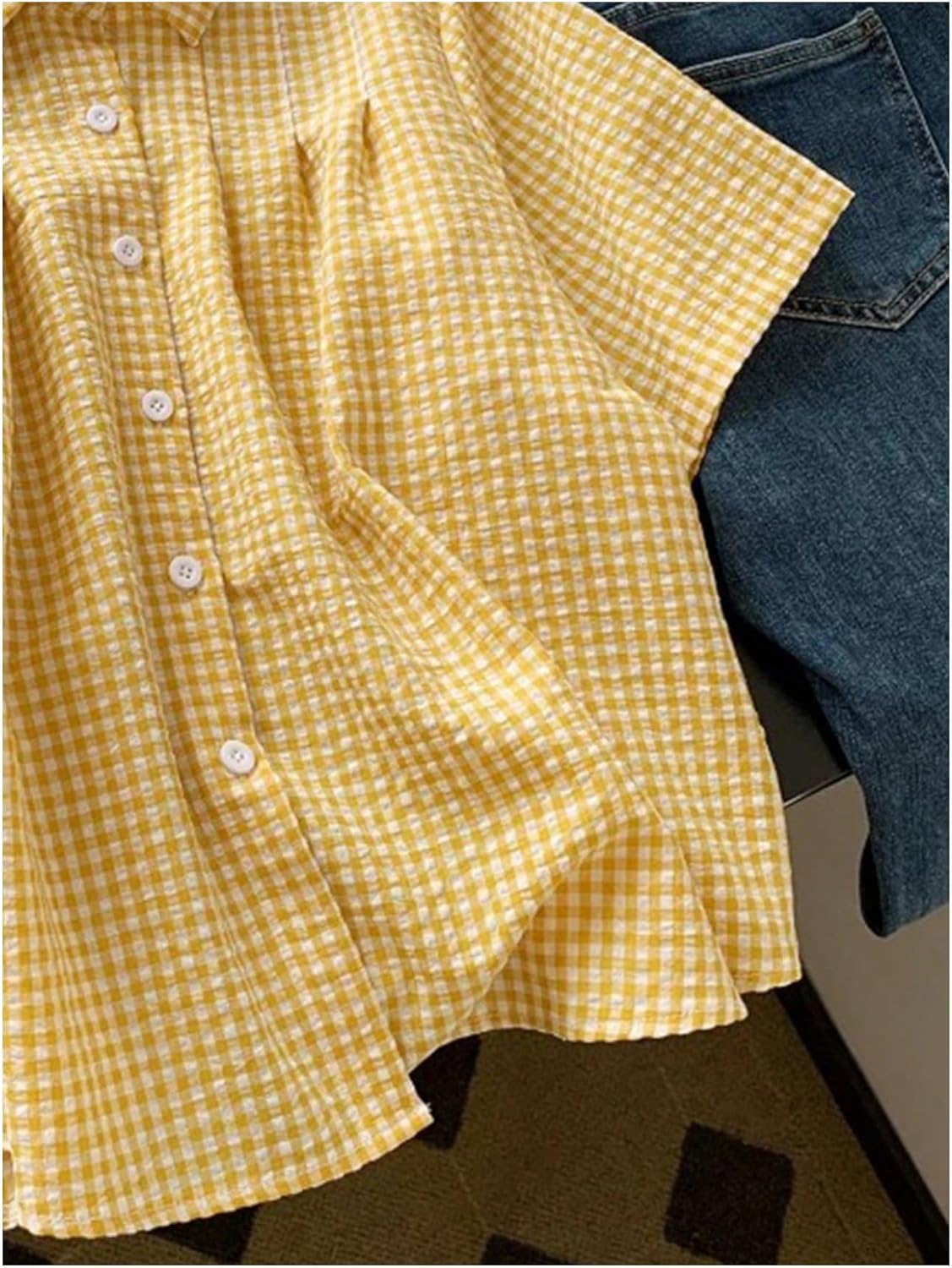 GORGLITTER Women's Gingham Shirt Summer Outfits Plaid Short Sleeve Button Up Shirt Cute Checkered Collared Blouses - Image 5