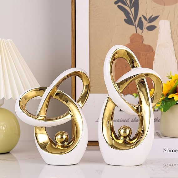Modern Abstract Art Home Accent Statues and Coffee Table Decor for Living Room Table Centerpieces for Dining Room Ceramic Sculptures and Gold Ornaments(White Gold)