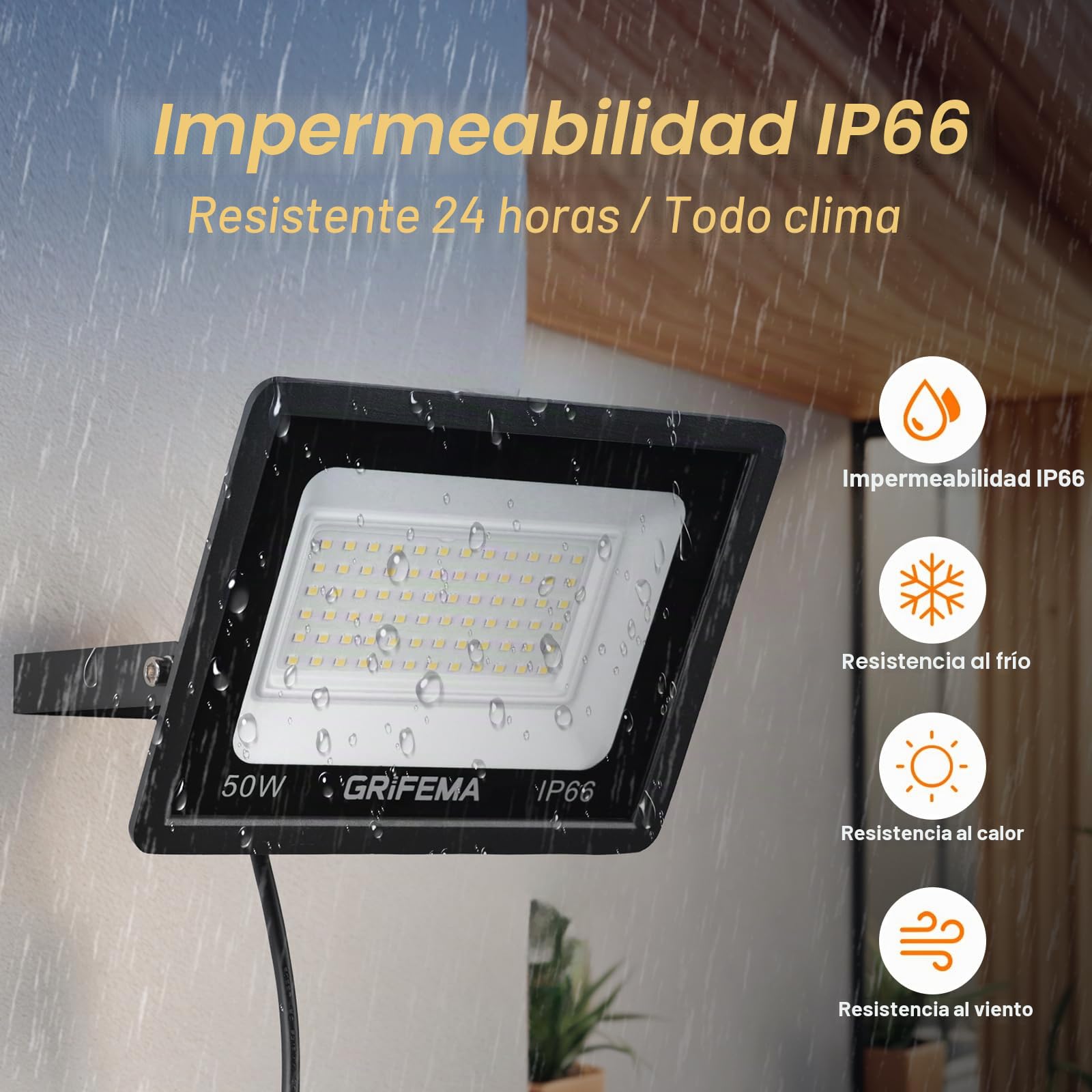 GRIFEMA Focos LED Exterior 50W, 5500LM Foco Proyector LED, 60 LED 6500K Blanco Frío Floodlight para Casa, Garaje, Patio, Camino, Jardín, Sin Enchufe (Paquete de 4)