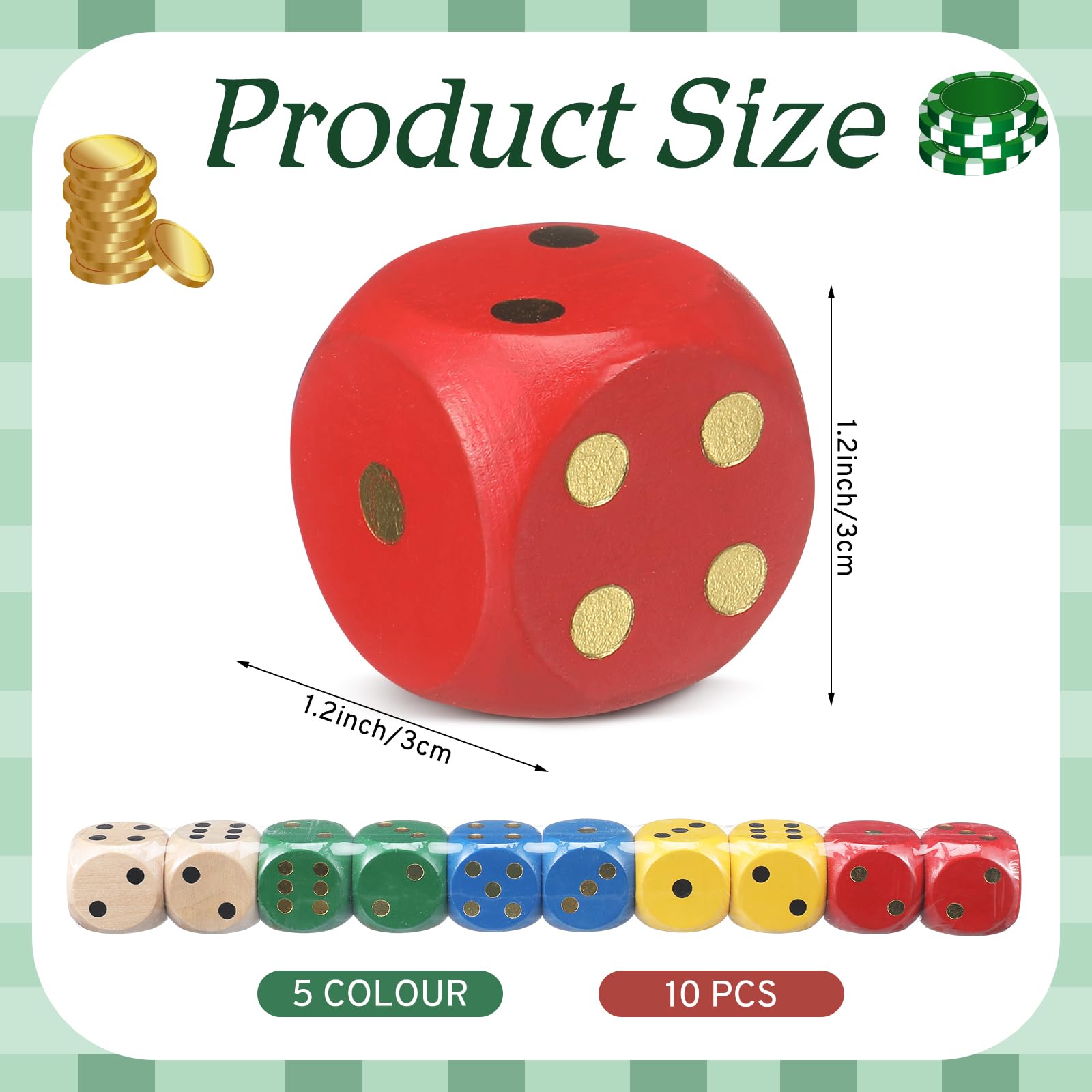 Poen Juego de 10 dados de madera de 30 mm, D6, grandes, gigantes, de 6 caras, a granel con números del 1 al 6, dados redondos para juegos de mesa, recuerdos de fiesta (multicolor)