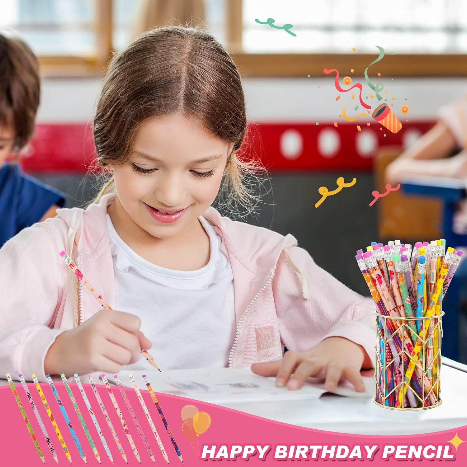 Spakon 120 Pcs Colorful Happy Birthday Pencils Printed Birthday Pencils Bulk with Top Erasers Wood Writing Instruments for Students Teacher Classroom Kids Party Supplies Favor
