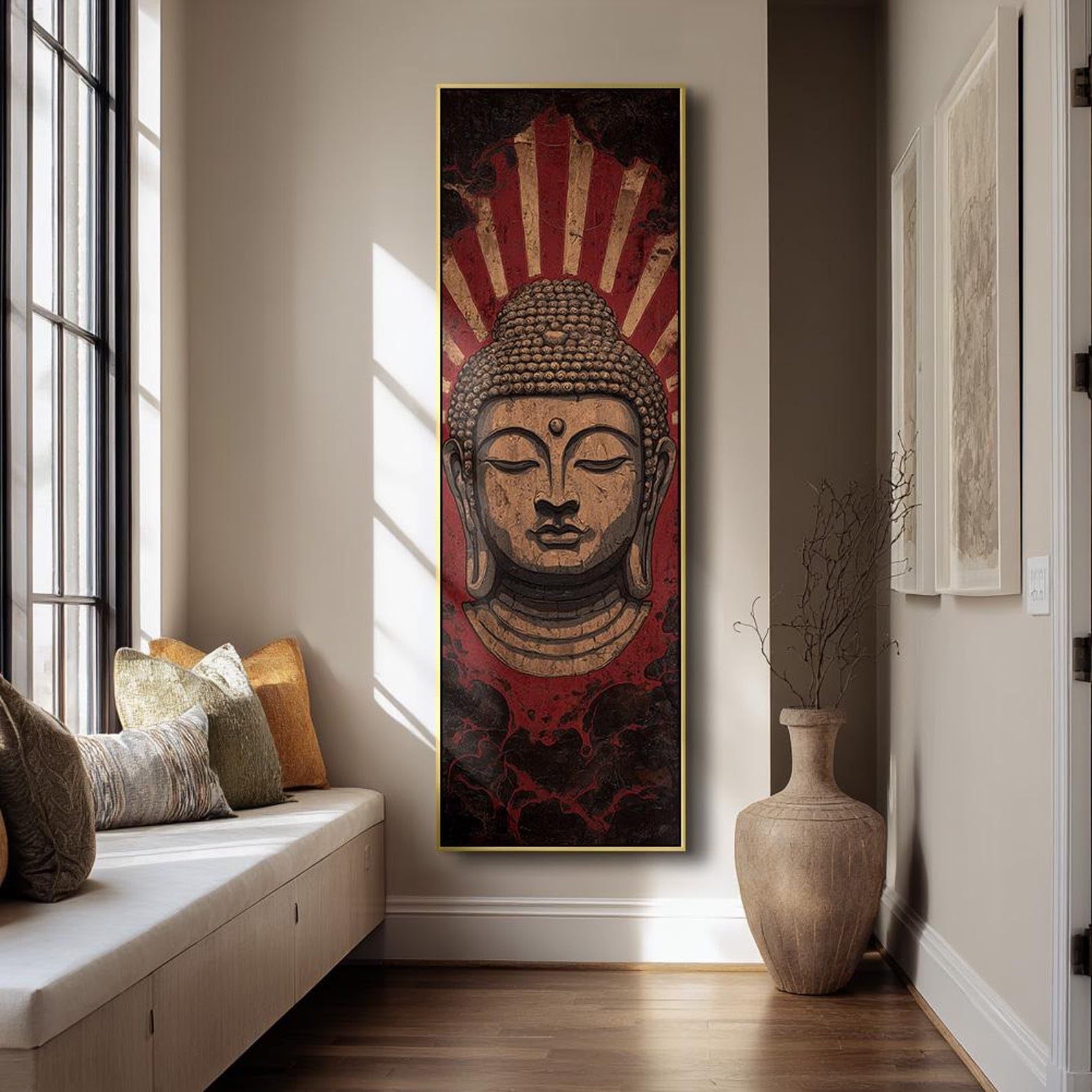 XBTYKPB Lienzo decorativo para estudio de yoga, alto y estrecho, para meditación, decoración zen, pieza decorativa espiritual delgada, arte mural de Buda vertical (60x180cm/marco interior)