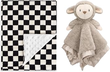 Lovey Fluffy Lamb Baby Security Blanket+Baby Blanket for Boys Comfy Durable Corduroy Toddler Blanket with Double Layer Dotted Backing Checkerboard Grid Chessboard Gingham