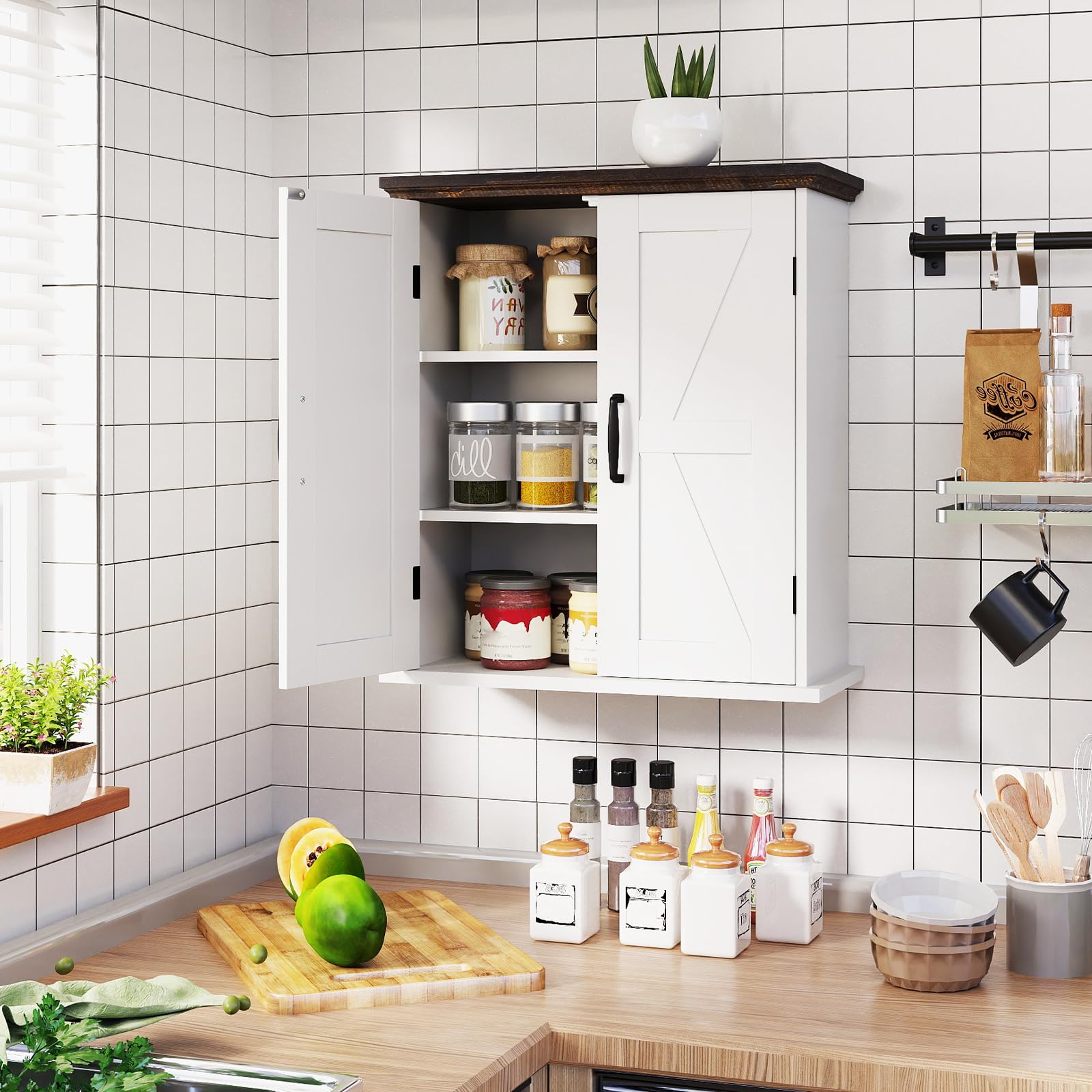 COSTWAY Mobile da Parete per Bagno, Mobiletto Salvaspazio Farmhouse per Farmacia con 2 Ante e Ripiani Regolabili, Specchio Contenitore per Soppalco Sopra il WC per Cucina, Lavanderia e Ingresso