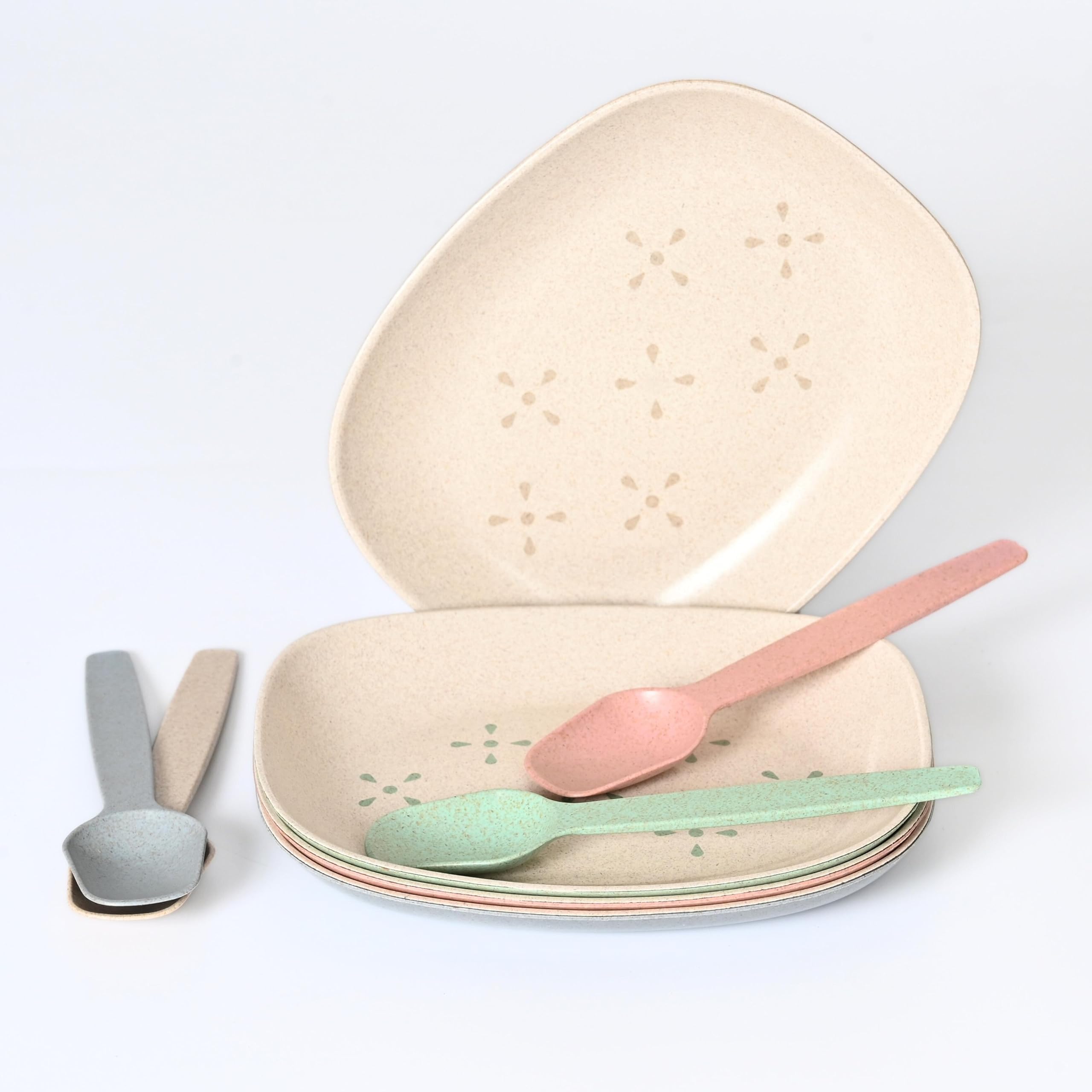 Eha Earth-Friendly Small Snack Serving Plates Set of 4 with Spoons, 6 inch, Plates Made with Bamboo Fibers & Rice Husk Fiber, Microwave Safe Plates, Dessert Plates, Multicolor