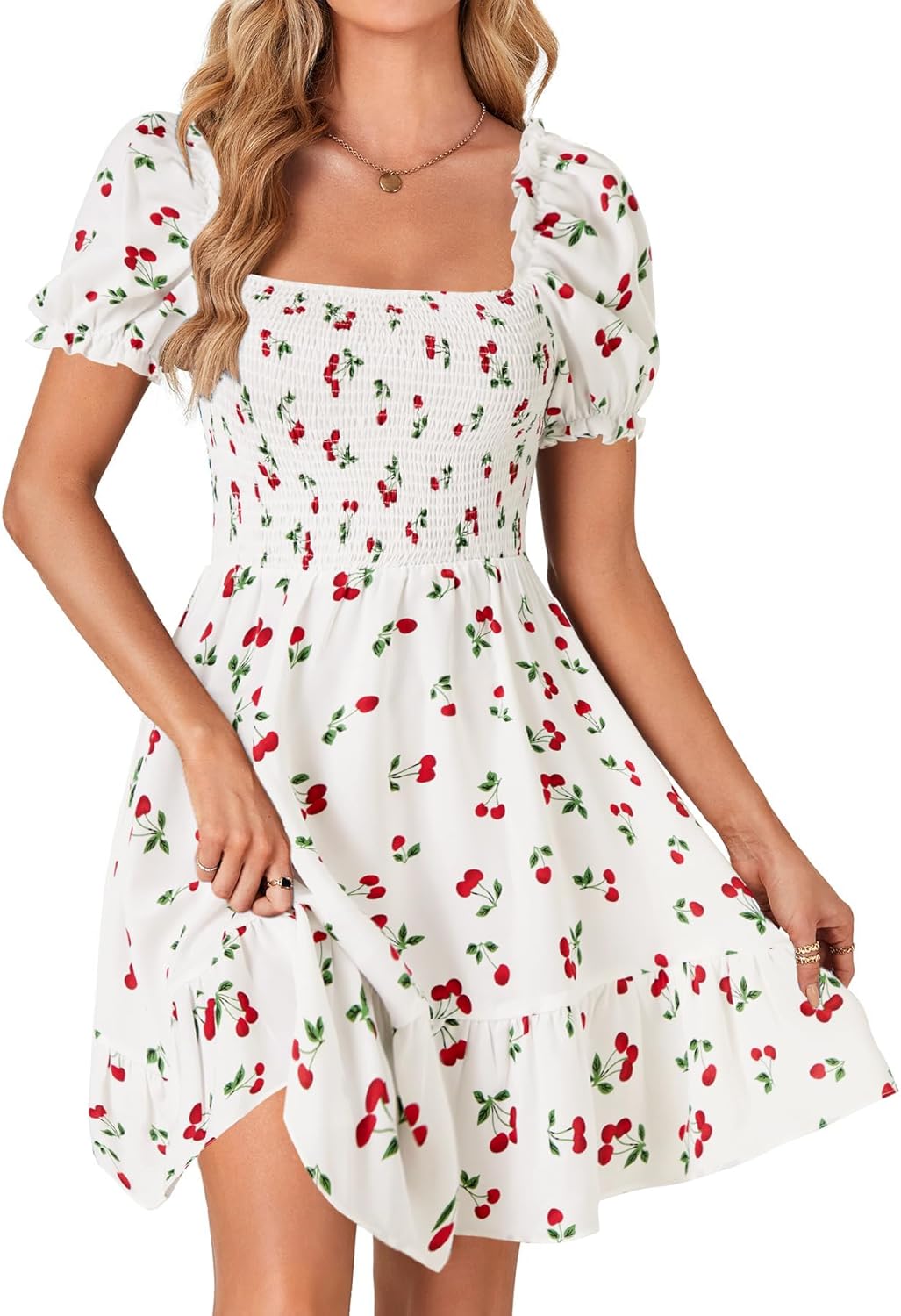 Rooscier Women's Summer Boho Floral Print Square Neck Smocked Ruffle Casual Sundress Mini Dress
