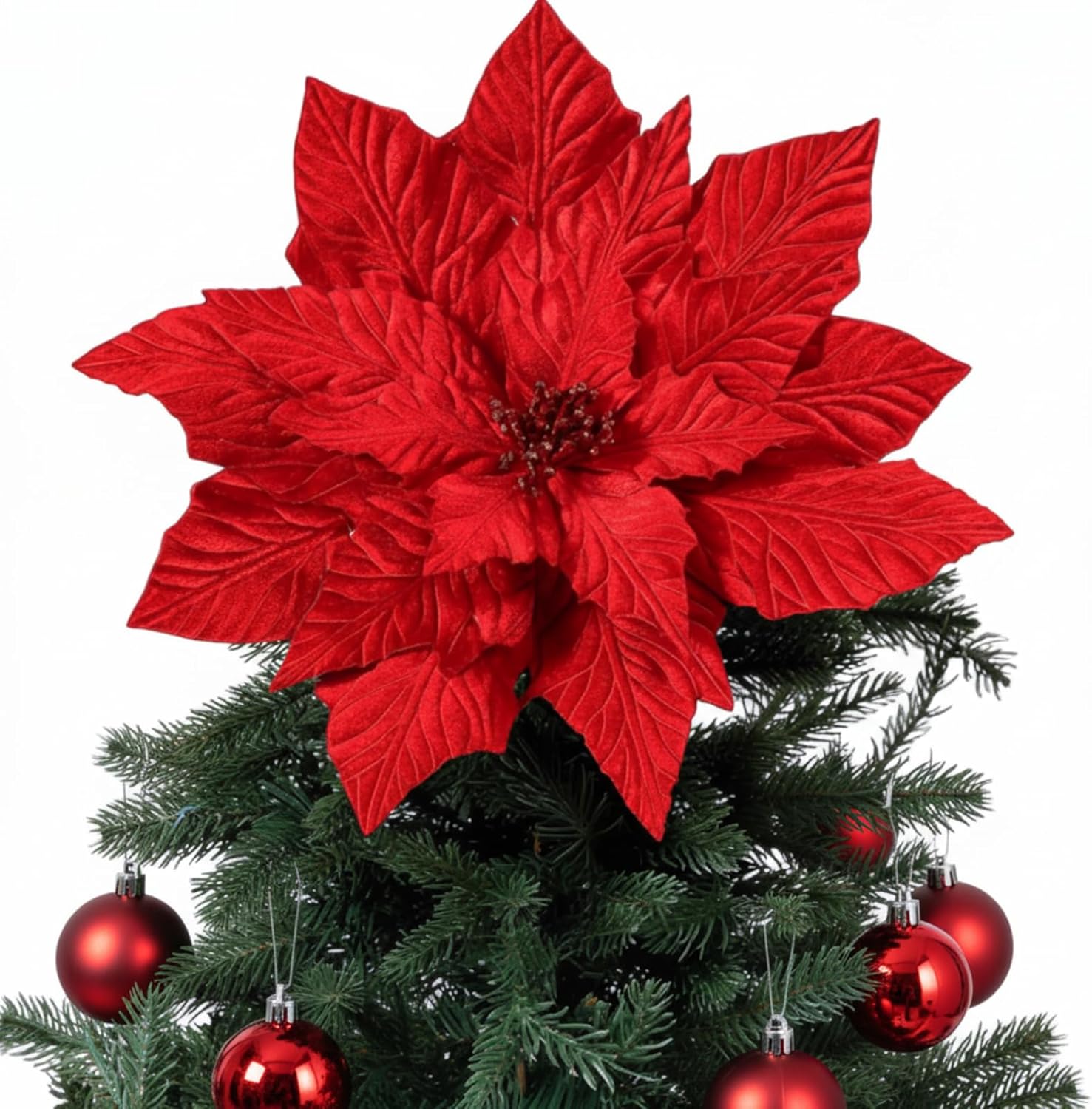 Velvet Poinsettia Christmas Tree Topper 16'' Jumbo Artificial Velveteen Poinsettia with Stem Faux Flower Xmas Tree Ornament for Christmas Holiday Wedding Holiday Party Decor(Classic Red)