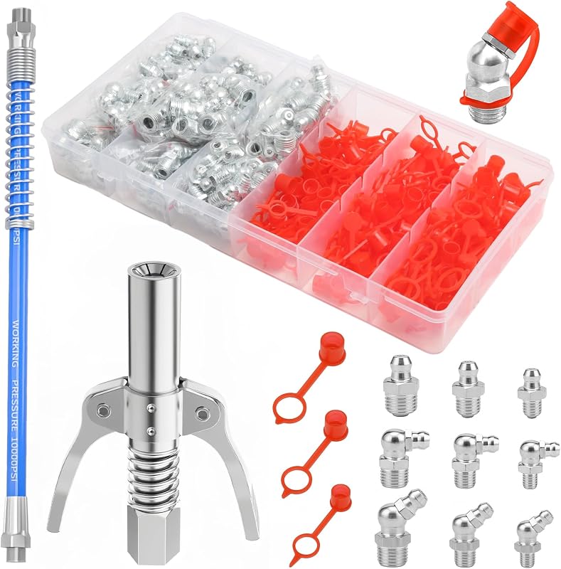 Seconero 272 Pièces Assortiment de Graisseur M6 M8 M10 avec Couvercle, Droit Graisse Raccord 45° 90° 180°, Raccord de Pistolet à Graisse Coupleur avec Tuyau de 30cm, Mamelon de Graisse Hydraulique