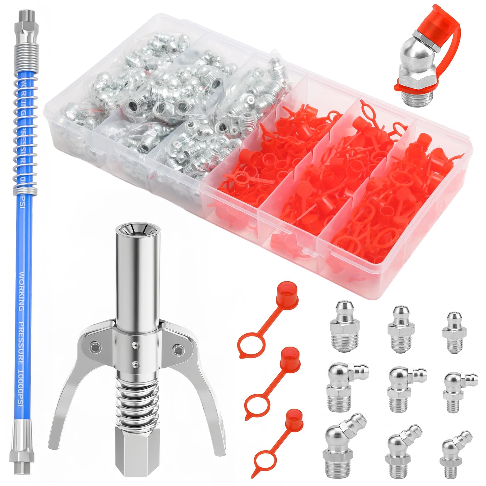 Seconero 272 Pièces Assortiment de Graisseur M6 M8 M10 avec Couvercle, Droit Graisse Raccord 45° 90° 180°, Raccord de Pistolet à Graisse Coupleur avec Tuyau de 30cm, Mamelon de Graisse Hydraulique - 1