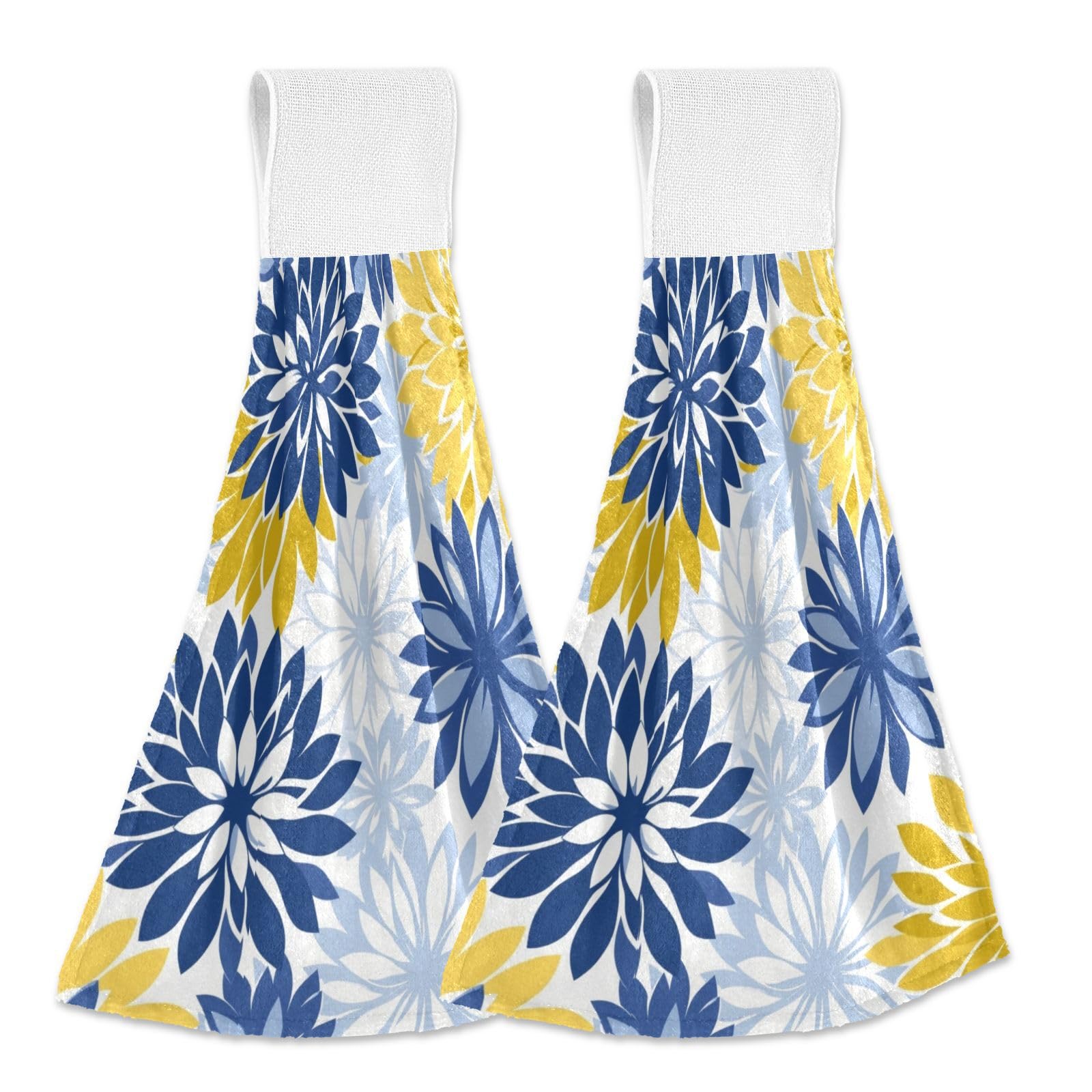 Kcldeci Dahlia Floral 2 Pcs Hanging Kitchen Hand Towels Boho Paisley Blue and Yellow Flower Rustic Tie Towels Dishcloths Sets