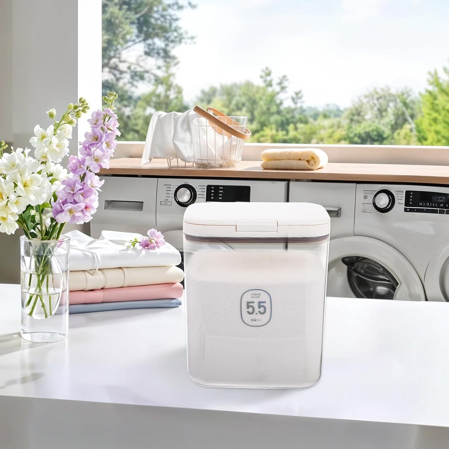 5.5L Laundry Detergent Dispenser with One-Press Lid Pod Holder Laundry Powder Container for Laundrys Room Organization Laundrys Bead Powder