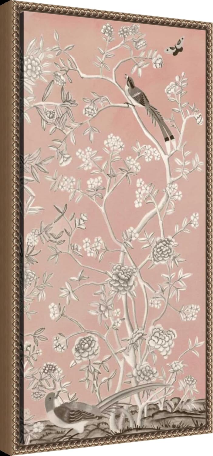 Amanti Art Framed Canvas Wall Art 27x14 Blush Chinoiserie I by Naomi McCavitt, Framed Wall Art Canvas, Animals Artwork, Traditional Decor, Medium Poster Painting for Living Room, Bedroom, Bathroom,
