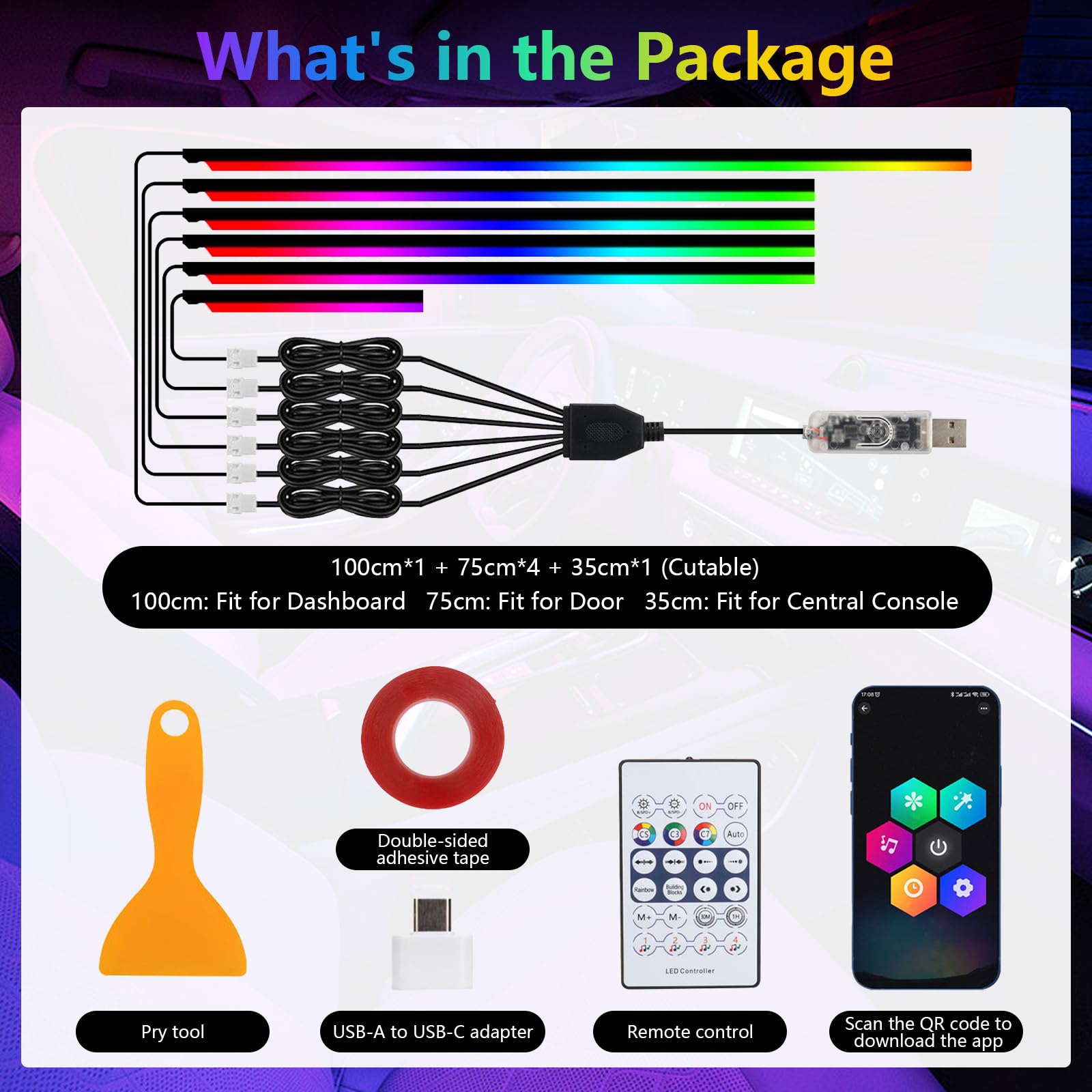Éclairage LED Intérieur Voiture RGB, Kit de 6 Bandes Lumineuses 445 cm avec 584 LEDs, 16 Millions de Couleurs, 210 Effets, port USB, contrôle musical, APP & télécommande, Lumière d’Ambiance Auto