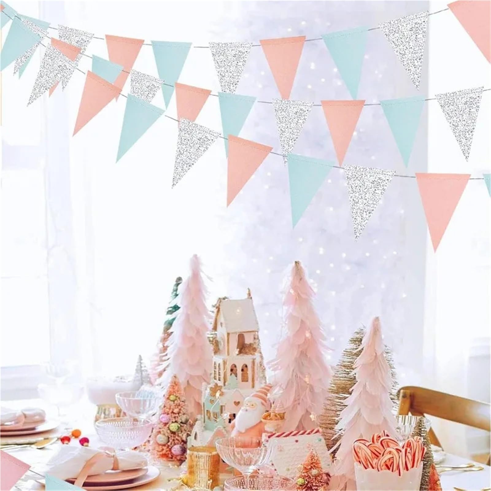 Banderines Decorativos Pastel Blue Silver Pink Christmas Party Triangle Flag Decorations Wedding Birthday Bridal Shower Streamers Supplies(4Pcs Triangle Flags)