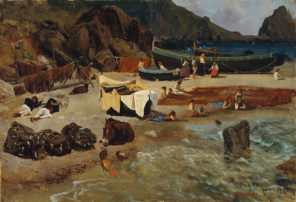 Albert Bierstadt Fishing Boats at Capri tableau de marine avec cadre noir