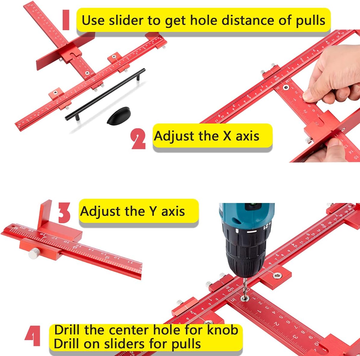 Rokrou Cabinet Hardware Jig Cabinet Pull Template All Aluminum Wood Drilling Templates Jig Tool for Drawer Front Knobs, Door, Pulls, Handles No Measurement Needed 4mm Drill and Puncher Include - - 