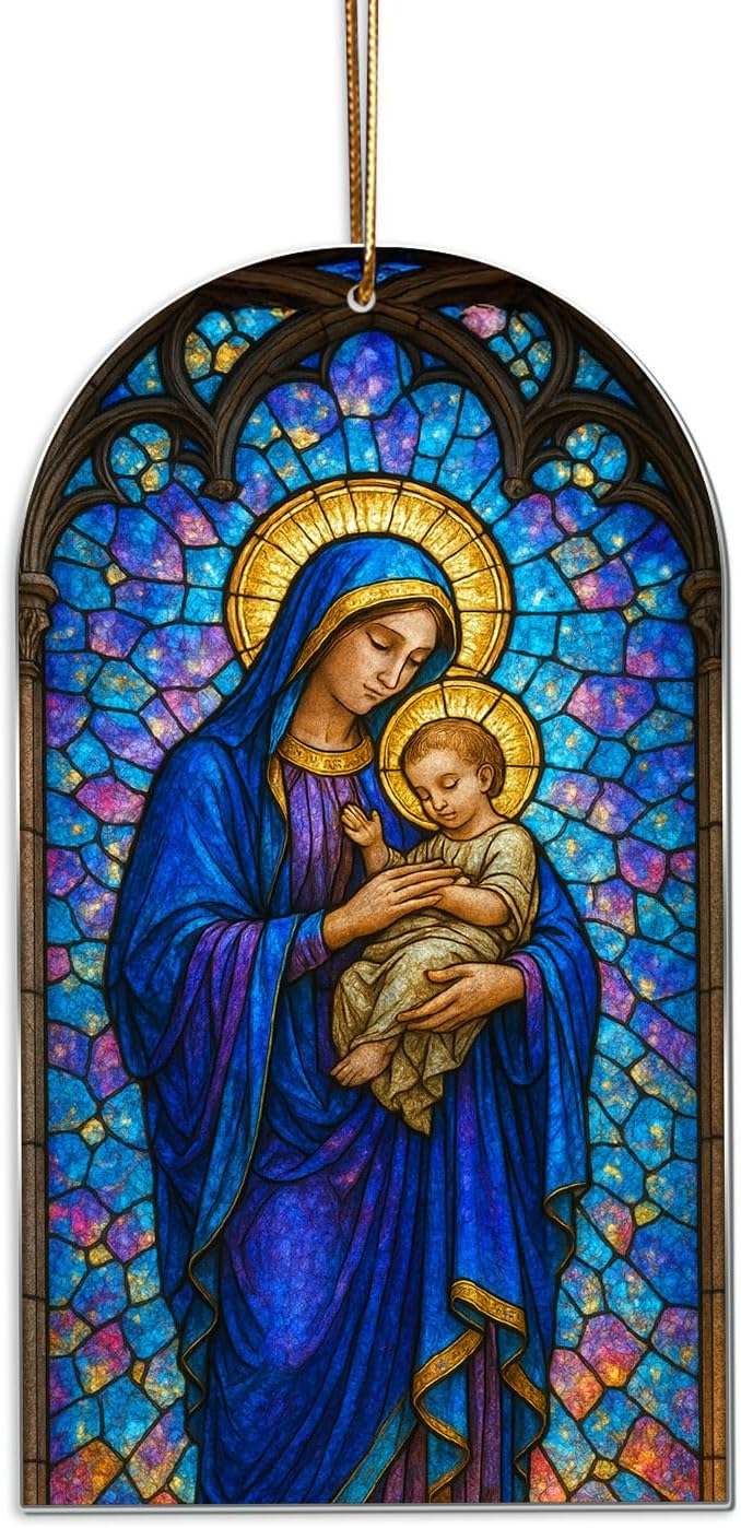 Stained Glass Nativity Ornament – Holy Family Christmas Ornament 2025, Flat Acrylic Sun Catcher, Religious Christian Tree Decoration, Catholic Gift for Mom Dad Family