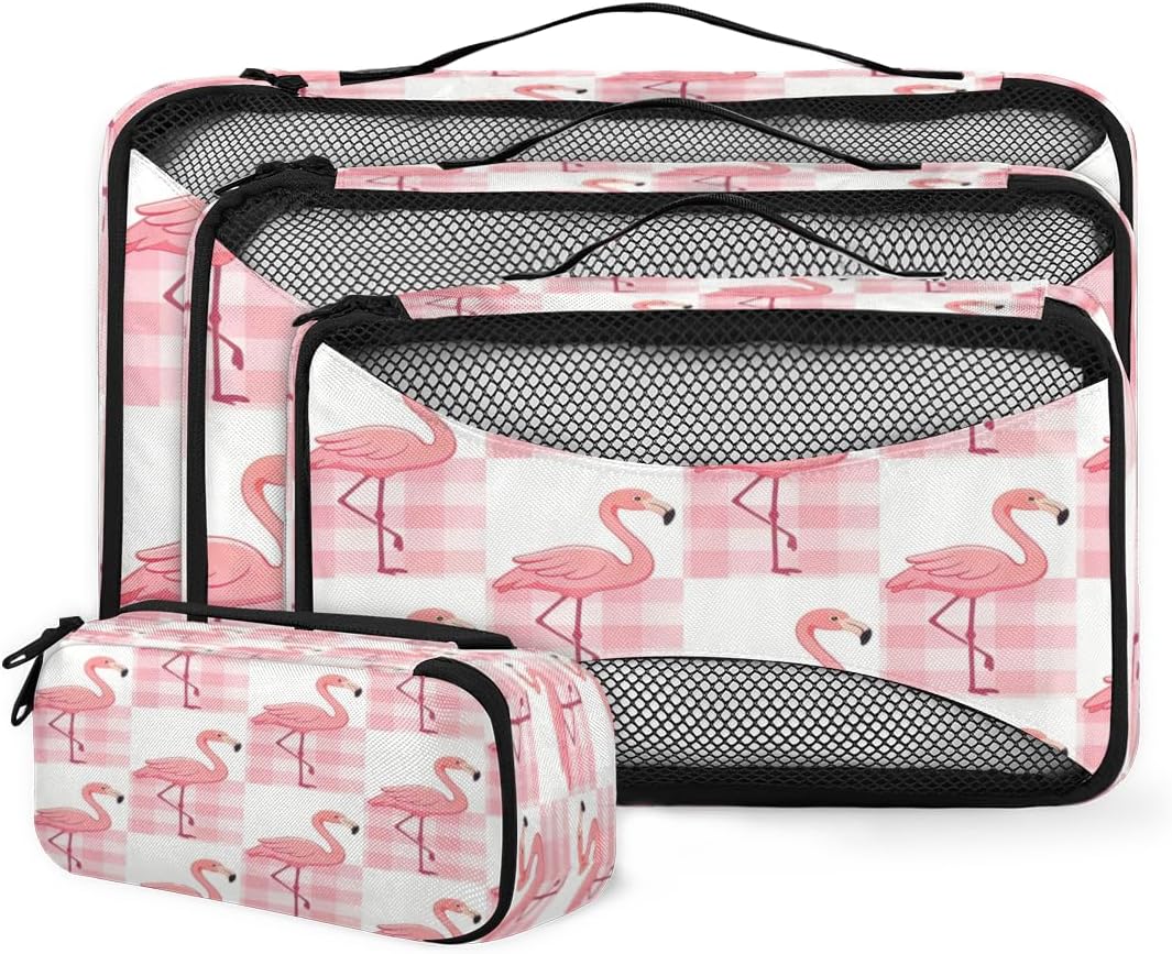Pink plaid flamingo Travel packaging box 4 sets - 4 sizes of durable luggage storage boxes,comprehensive packaging boxes for toiletries,underwear,shoes,and travel essentials