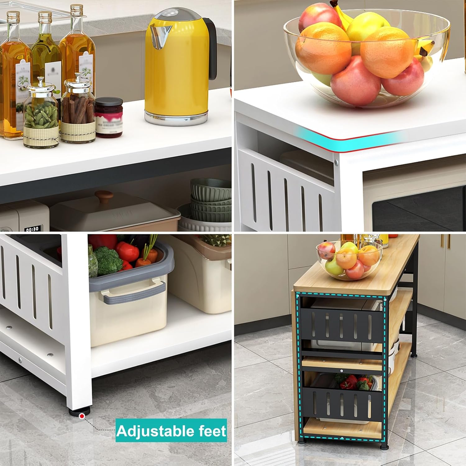 Multifunctional Work Table Solid Metal Frame Kitchen Shelf Practical Preparation Table Round Corner Work Table Laminate Adjustable with Adjustable Feet Widely Use