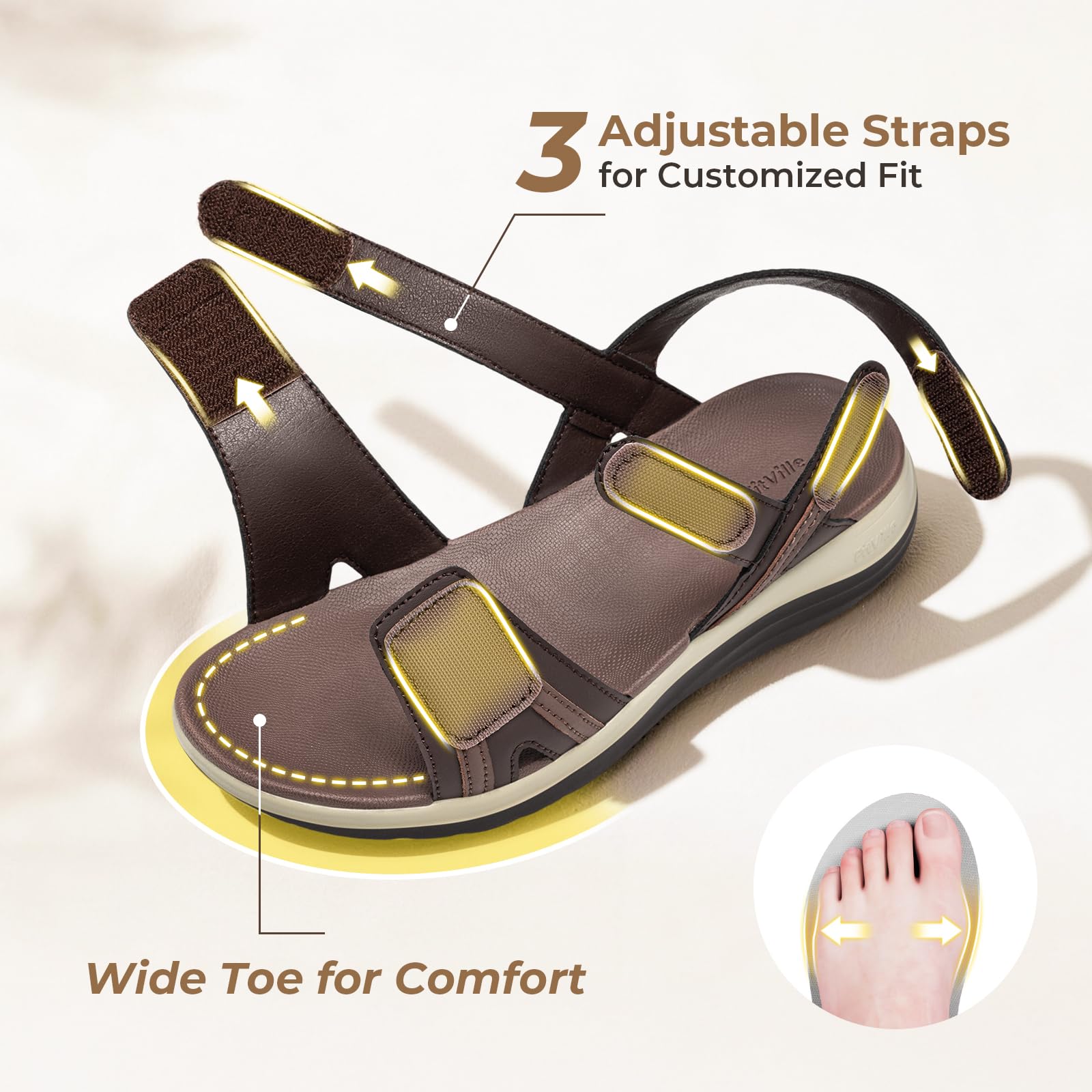 FitVille Sandales Femme Confortable Largeur Extra pour Pieds Enflés - Sandales Ouvertes Légères d'Été - Taille 35.5-42.5 EU