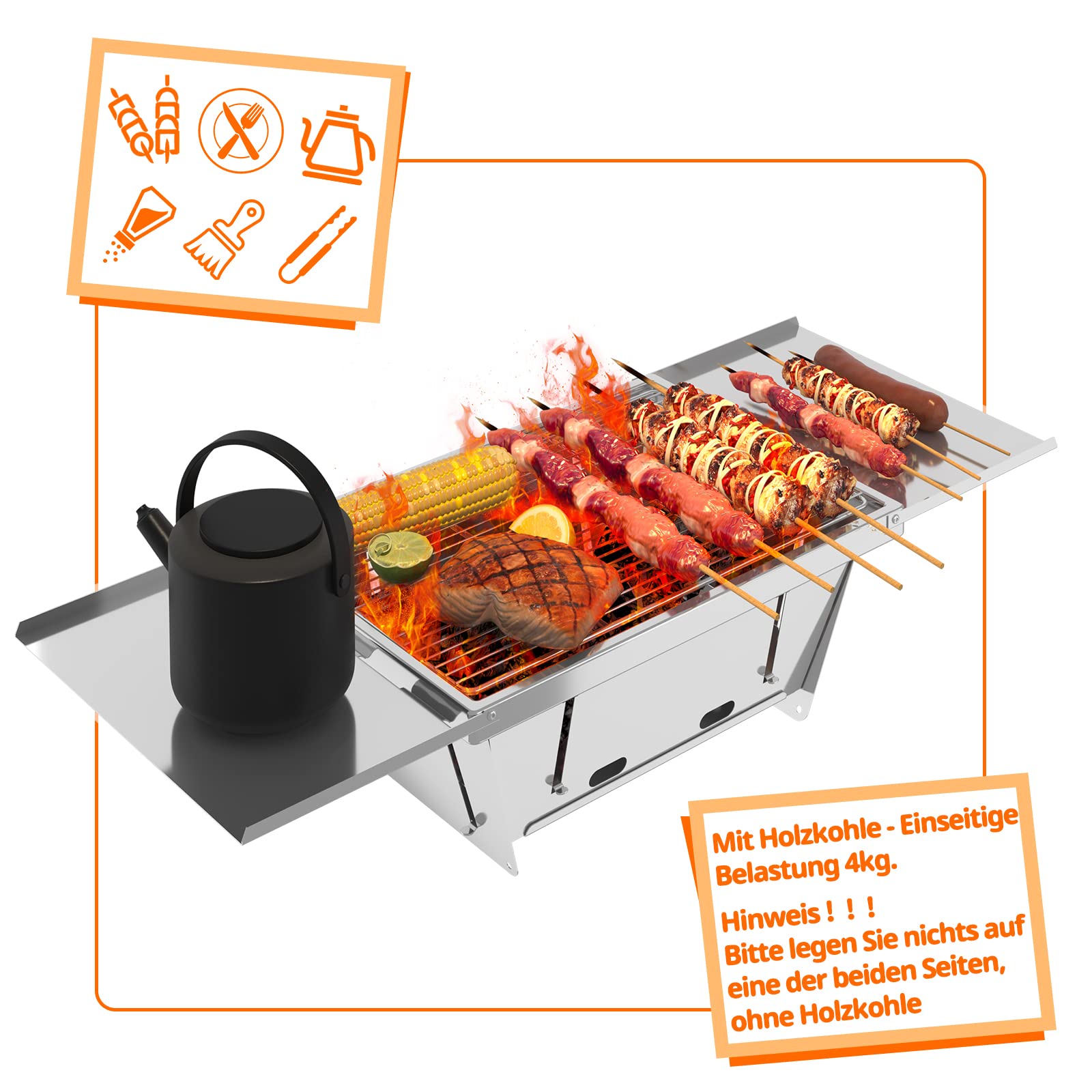 Dripex Barbecue a Carbone Portatile Griglia Pieghevole L'acciaio Piccolo Charcoal Grill Outdoor Picnic Grill per Campeggio BBQ Giardino Terrazza Party (Argento: 65 x 25 x 14cm)