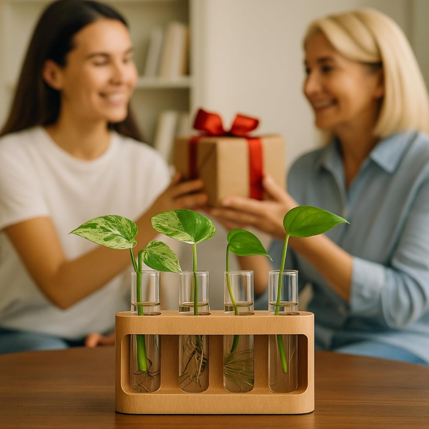 Plant Propagation Wooden Stand, unique gift for mom, women, and any plant or gardening lover, 9-Level Dimmable LED Light, 4 Glass Test Tubes Vase for Hydroponic Plants, Desktop, Home decor.