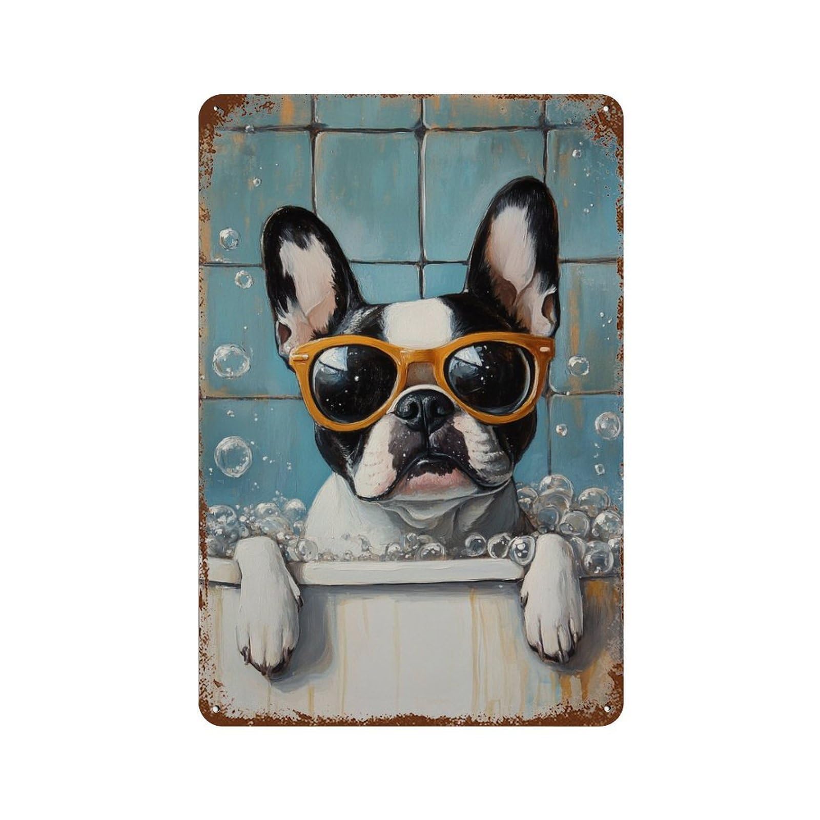French Bulldog in Bathtub Rustic Tin Plaque 11.8"x7.9", for Pub, Kitchen And Man Cave Decor, Vintage Wall Decor