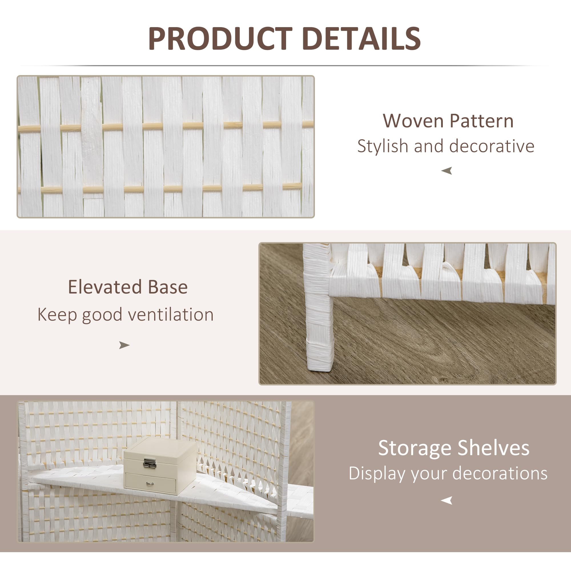 HOMCOM Biombo Divisor de 4 Paneles Plegable 181x180 cm Blanco | Separador de Ambientes, Divisor de Habitación con Estantes, Decoración, Partición, para Dormitorio Salón Cocina