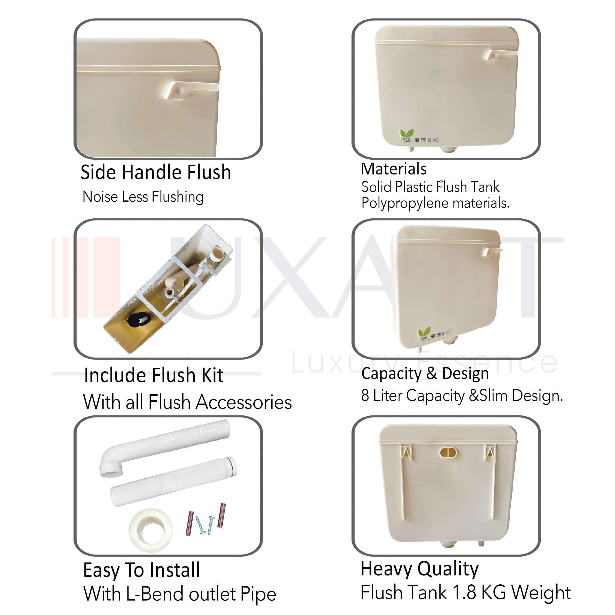 LUXART Premium 8-Liter Single Flush Toilet Tank | Ivory | Slim Wall Mounted Polypropylene Cistern with Side Handle Mechanism | Air Freshener Slot 2