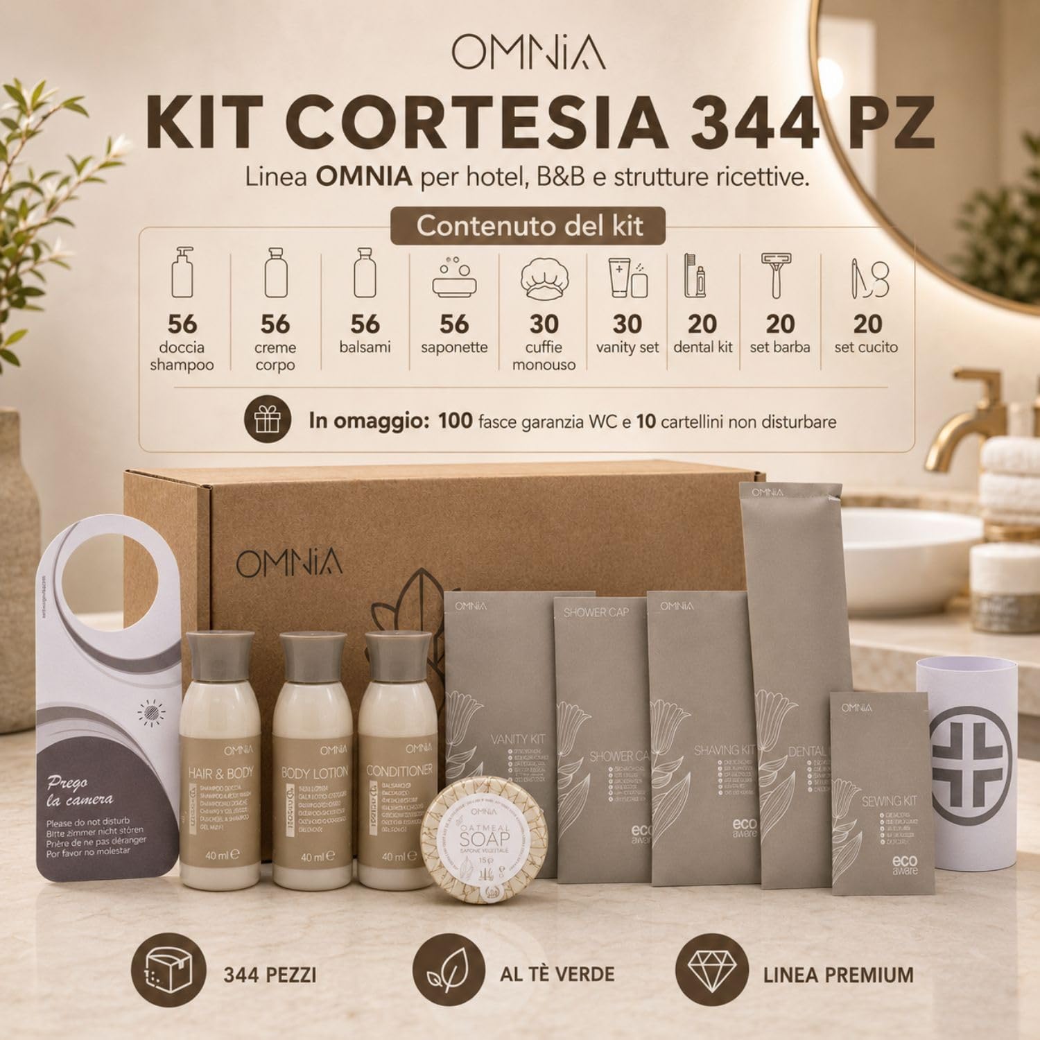 Kit Cortesia 344 Pezzi; 56 doccia shampoo, 56 crema corpo, 56 balsamo, 56 saponette, 30 cuffie monouso, 30 vanity set, 20 dental kit, 20 set barba e 20 set minicucito - omaggio 110 pezzi