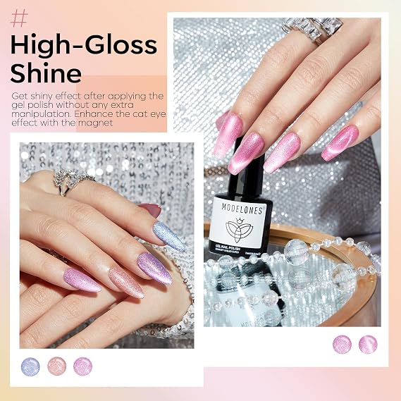modelones Cat Eye Gel Nail Polish Set Glitter 6Colors Pastel Rainbow