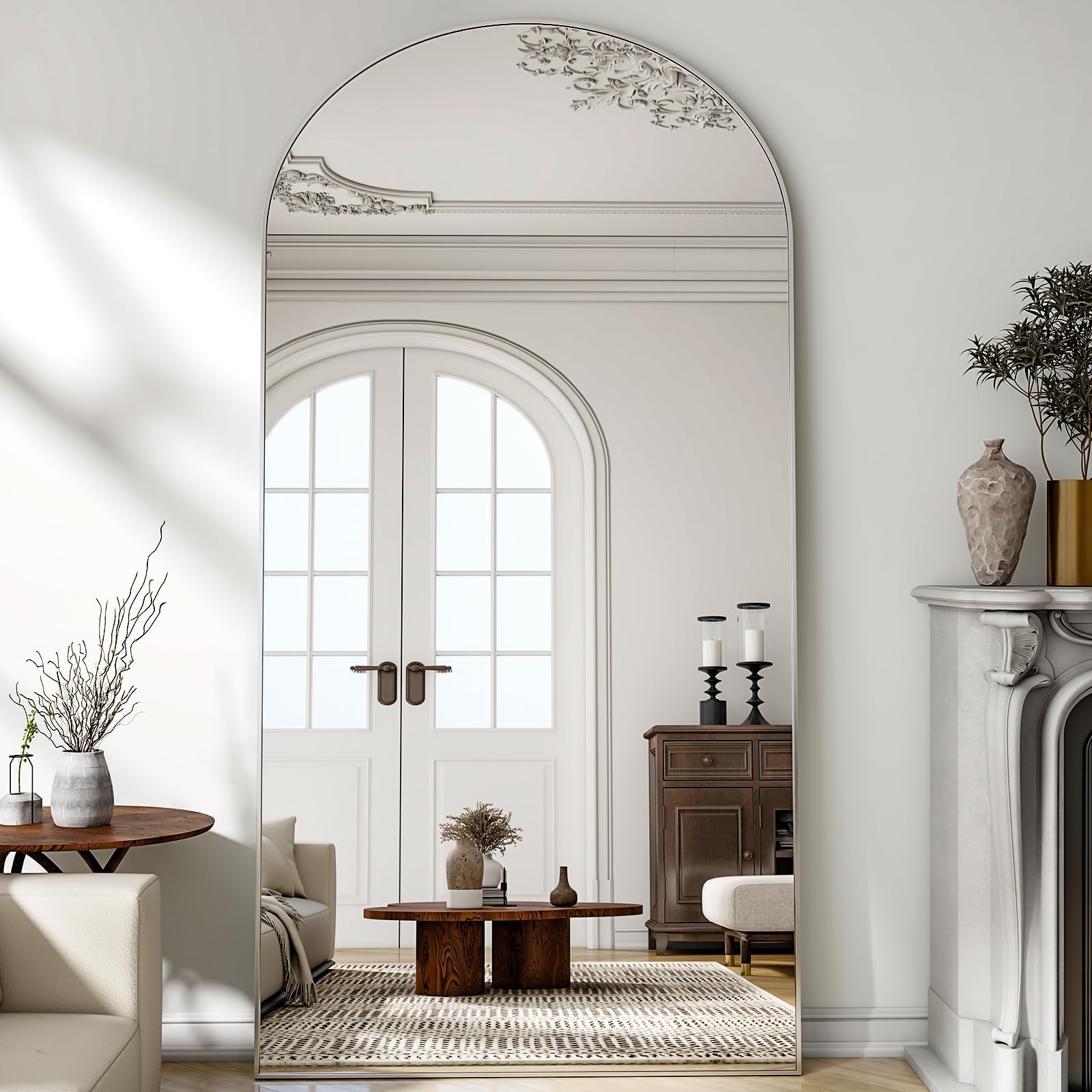 Arched Full-Length Mirror, 34"x76" Arch Floor Mirror with Stand, Wall-Mounted Mirror for Bathroom, Dressing Room - Hanging or Leaning - Full Body Mirrors for Bedroom, Silver