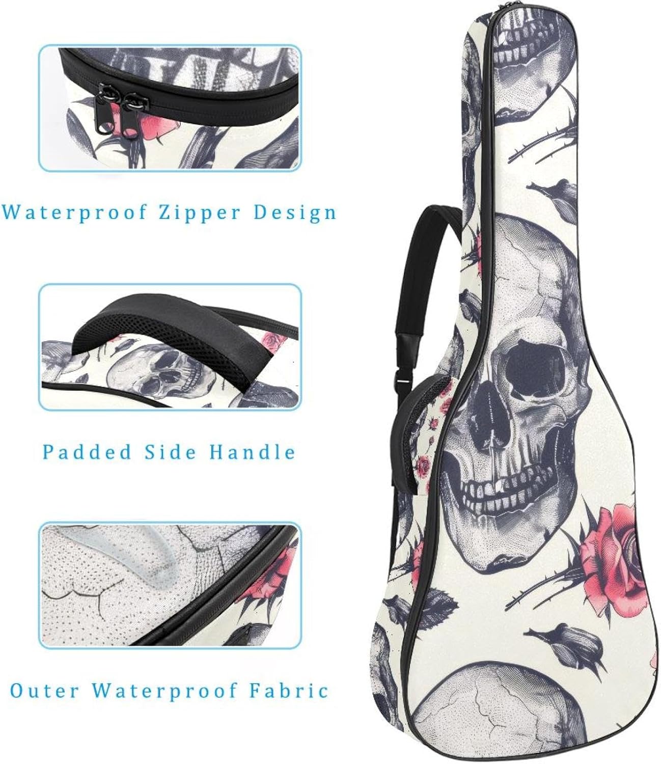 40 41 42 Inch Acoustic Guitar Bag, 0.4 In Thick Sponge Padded Guitar Case Gig Bag with Back Hanger Loop and 2 Pockets, Skulls with Pink Flowers Retro Pattern
