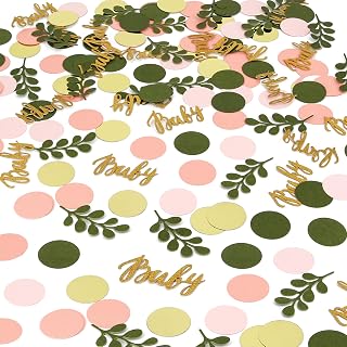 350 Pcs Greenery Baby Shower Confetti Scatter Decorations Eucalyptus Sage Olive Green Paper Table Confetti Greenery Round Pink Gold Girl Boy Confetti for Wedding Bridal Baby Shower Gender Reveal Decor