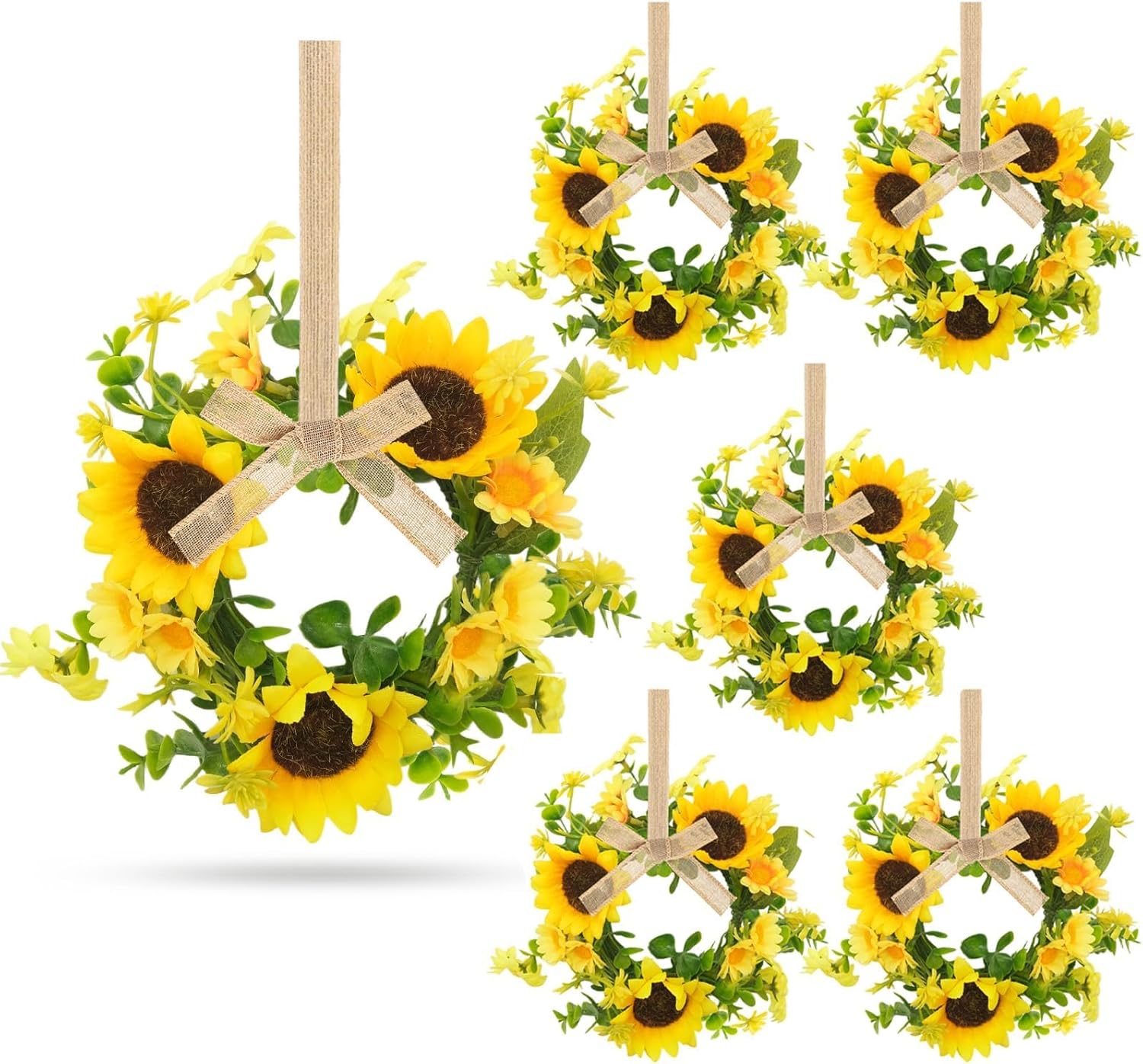 6 Pcs Small Sunflower Wreaths with Ribbon for Cabinet Front Door Mini Artificial Floral Hanging Wreath 3" Spring Summer Fake Yellow Daisies Wreaths Farmhouse Pillar Window Home Wall Party Décor