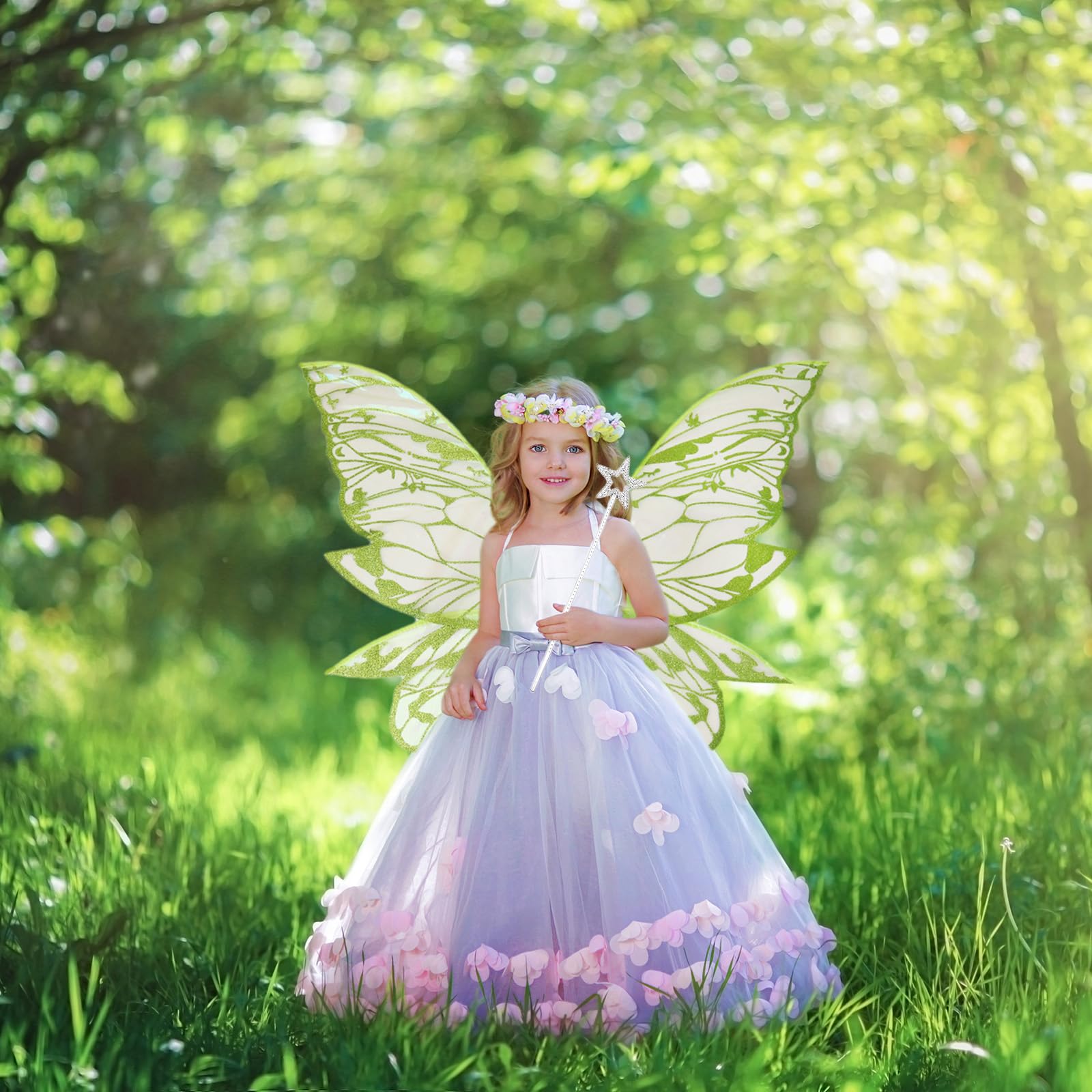 ESSECMBS 4pcs Halloween Fairy Wings Set for Girls Women Butterfly Wings Elf Ears Magic Wand Flower Headband for Cosplay (Light Green - Image 4