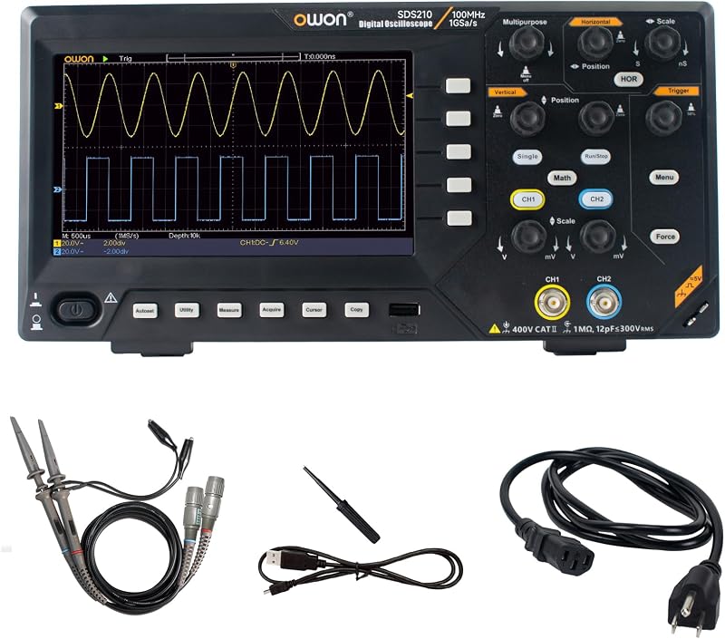 OWON Digital Oscilloscope with Dual-Channel Channels and Screen 7 inch / 18 cm, TFT-LCD Display, Portable Professional Oscilloscope Kit with 1GS/s Sampling Rate, Bandwidth 100MHz,SDS210