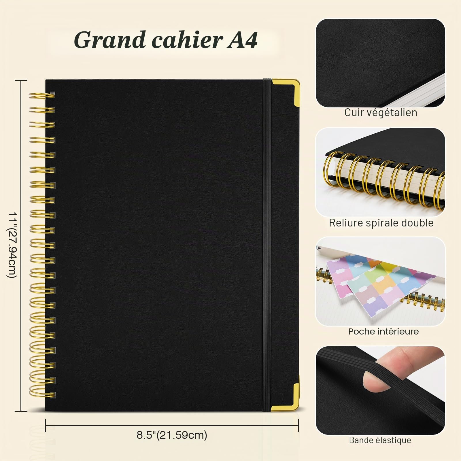 Carnet de notes à points et grille à spirale, 300 pages, carnets en cuir avec contenu, papier épais de 120 g/m² sans débordement, carnets A4 à grands points pour femmes et hommes, 21,6 cm x 28 cm